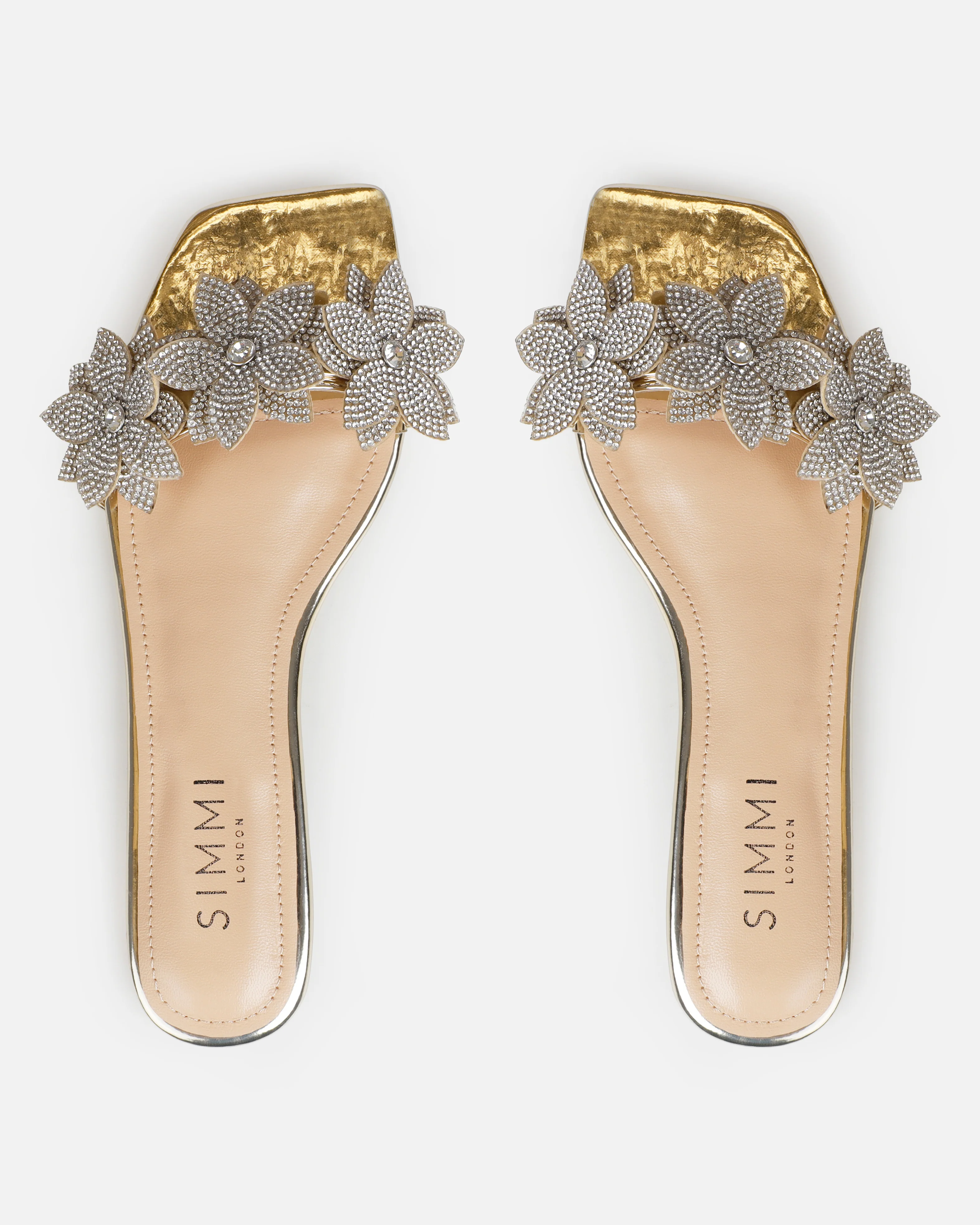 Abbie Gold Mirror Flower Diamante Flat Sandals - Image 3