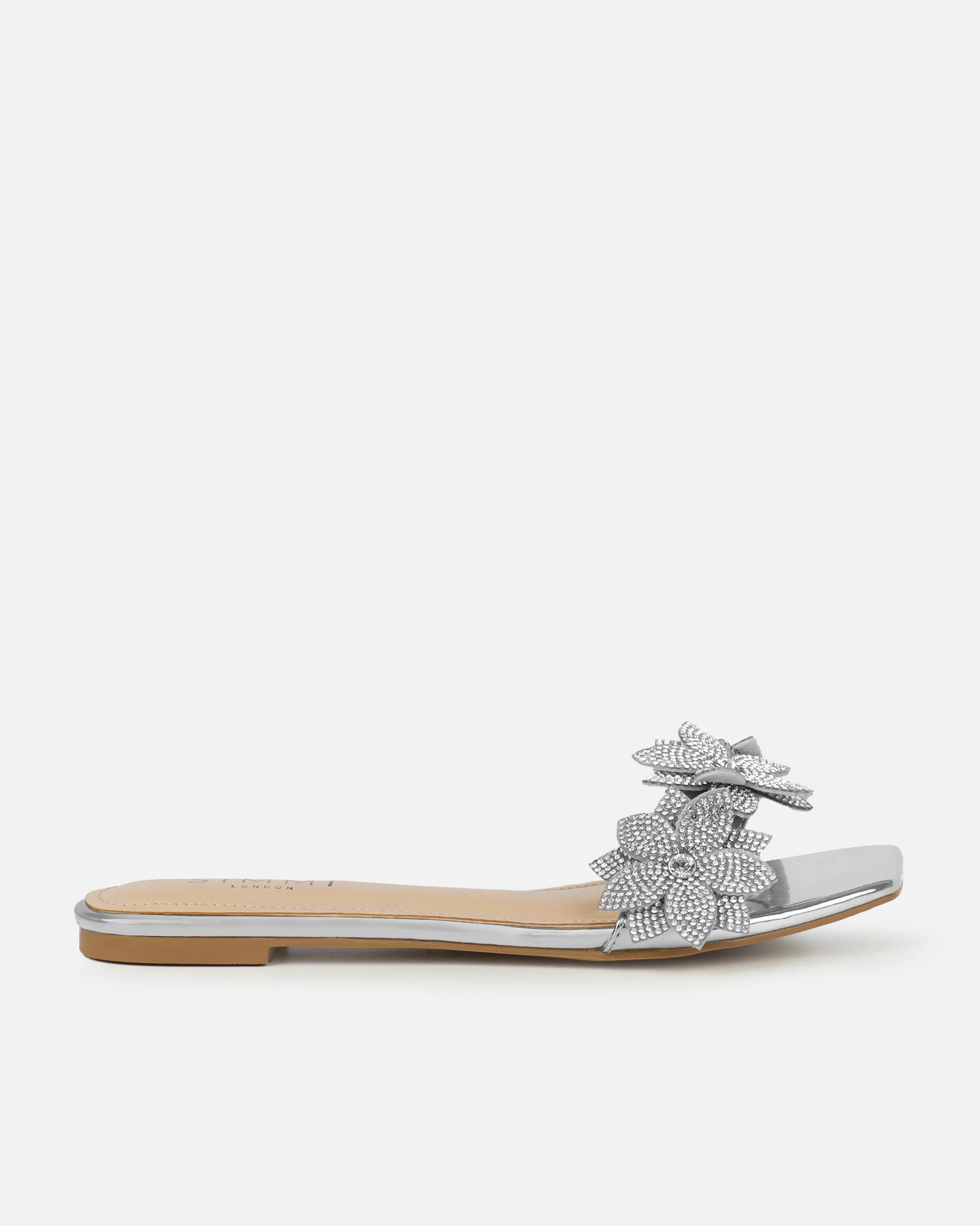 Abbie Silver Mirror Flower Diamante Flat Sandals - Image 2