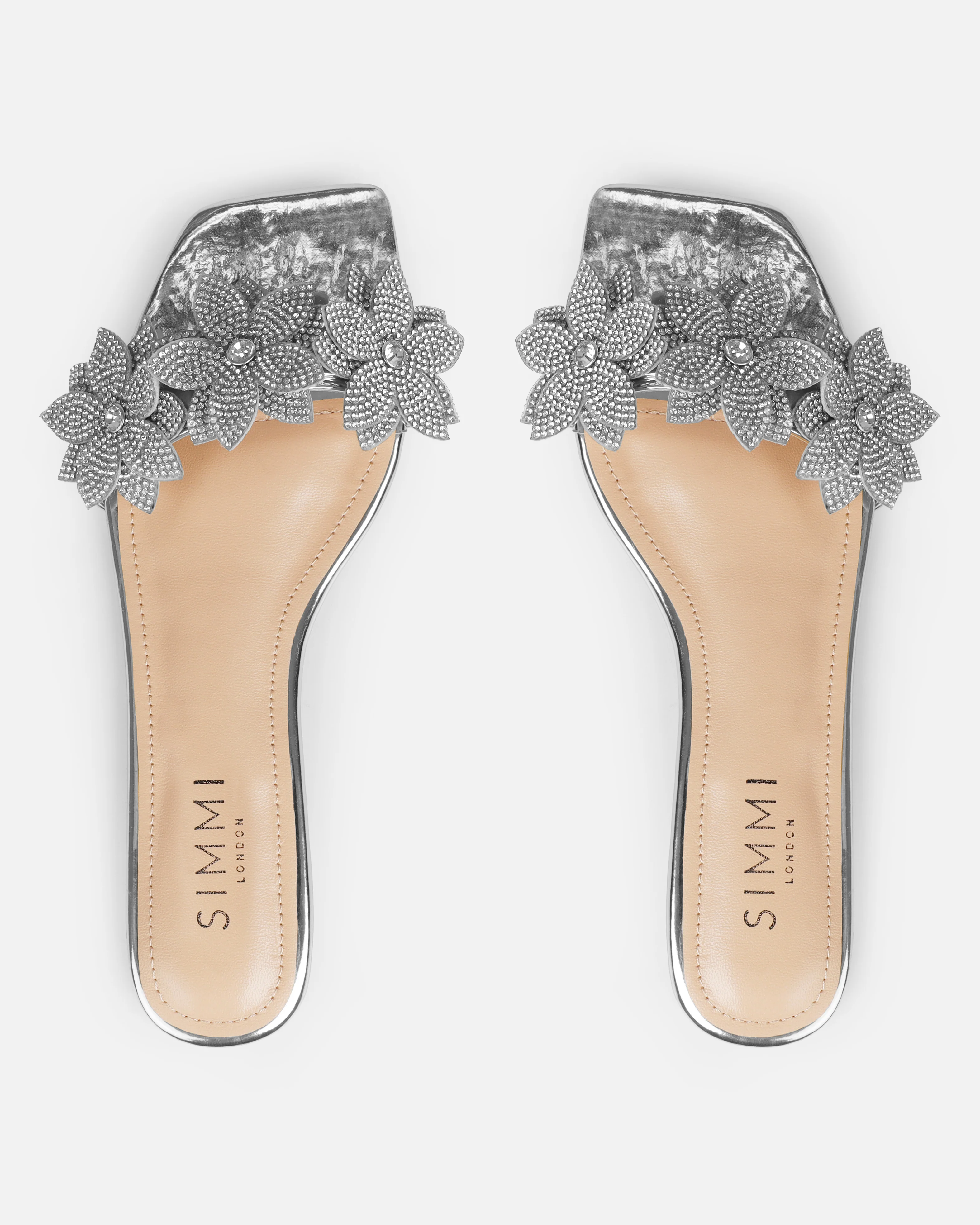 Abbie Silver Mirror Flower Diamante Flat Sandals - Image 3