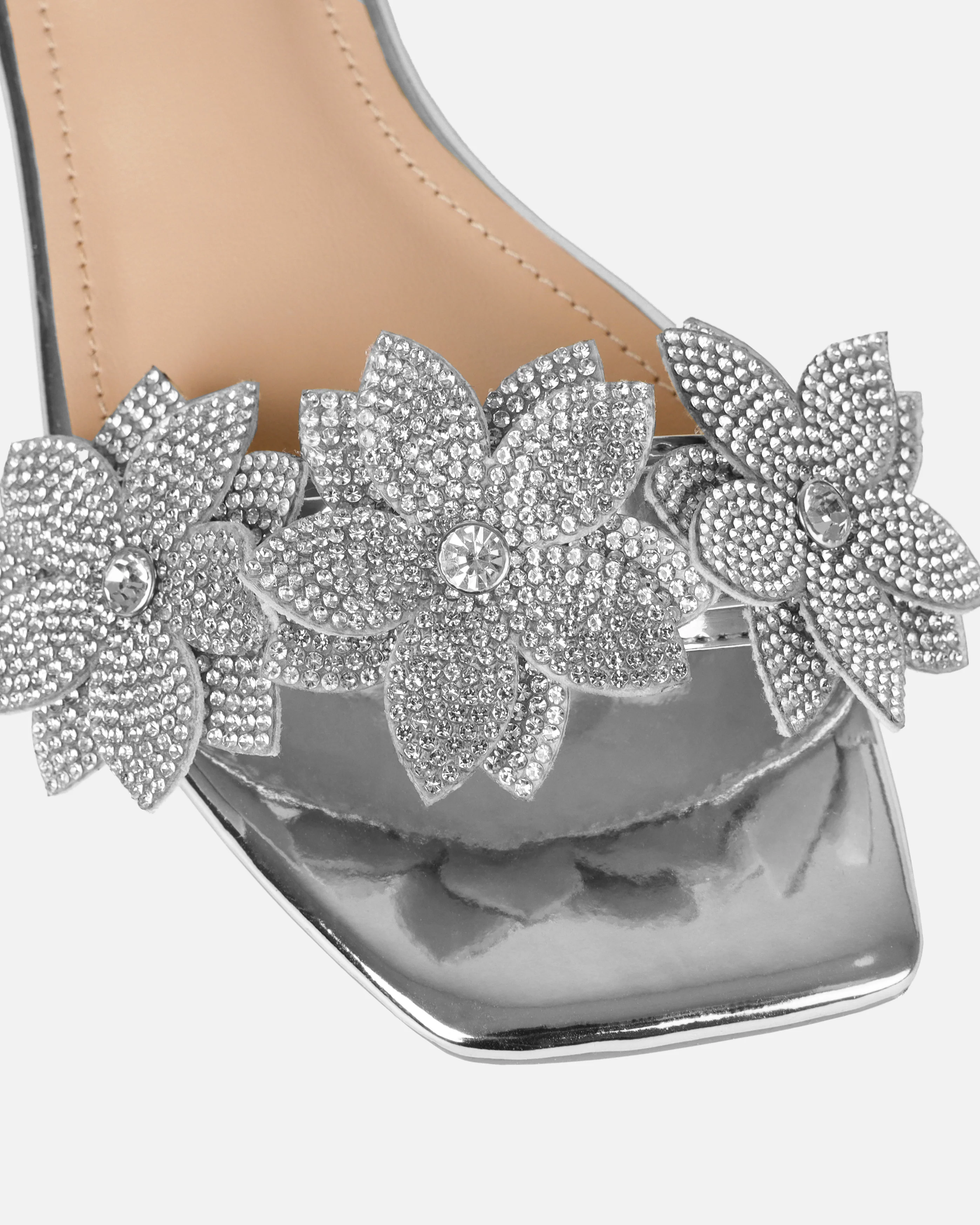 Abbie Silver Mirror Flower Diamante Flat Sandals - Image 4