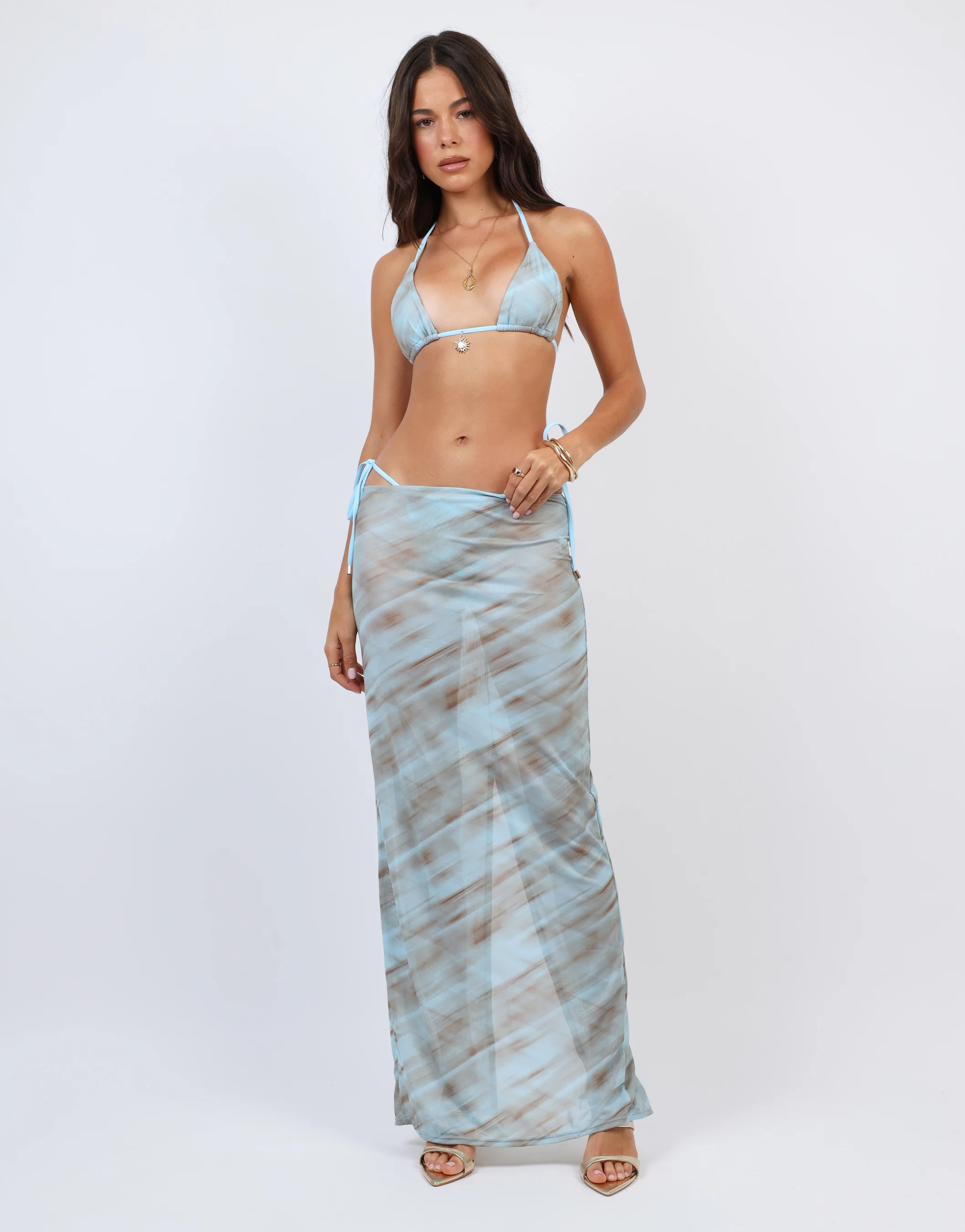 Nalu Abstract Print Mesh Beach Maxi Skirt In Blue