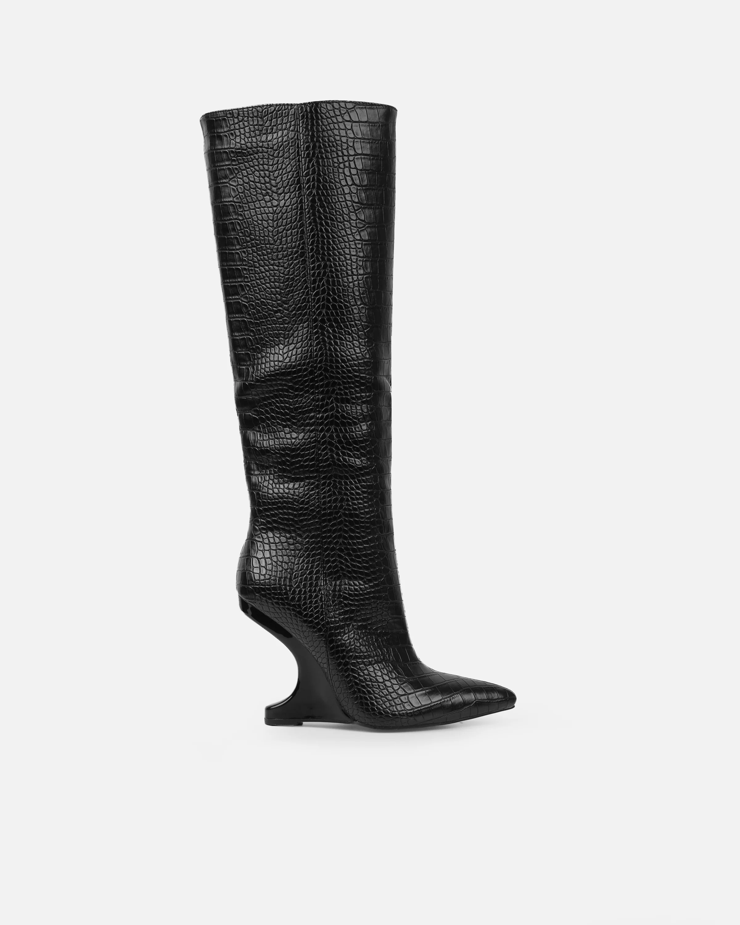 Adler Black Faux Croc Wedge Knee High Boots - Image 2