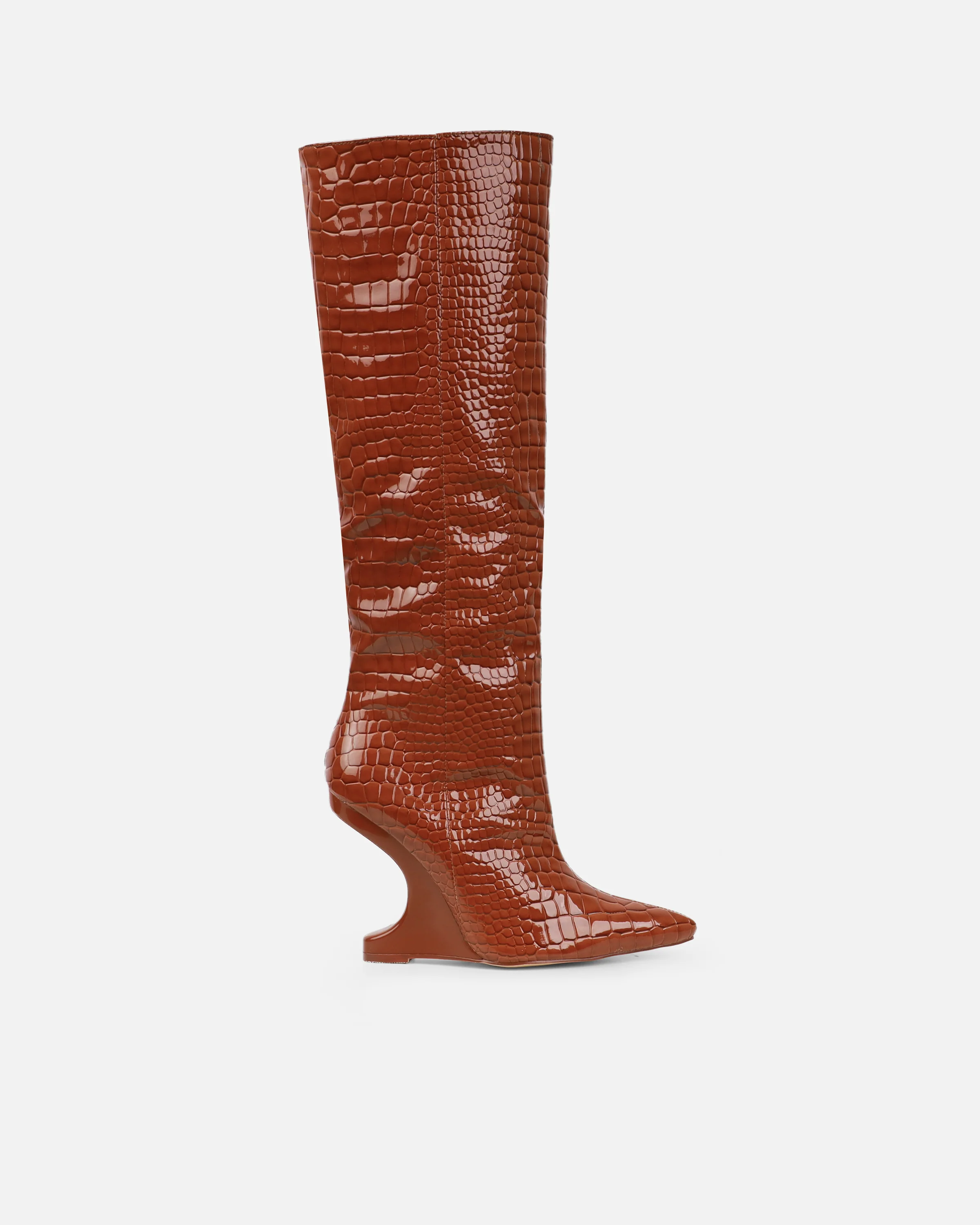 Adler Tan Faux Croc Wedge Knee High Boots - Image 2