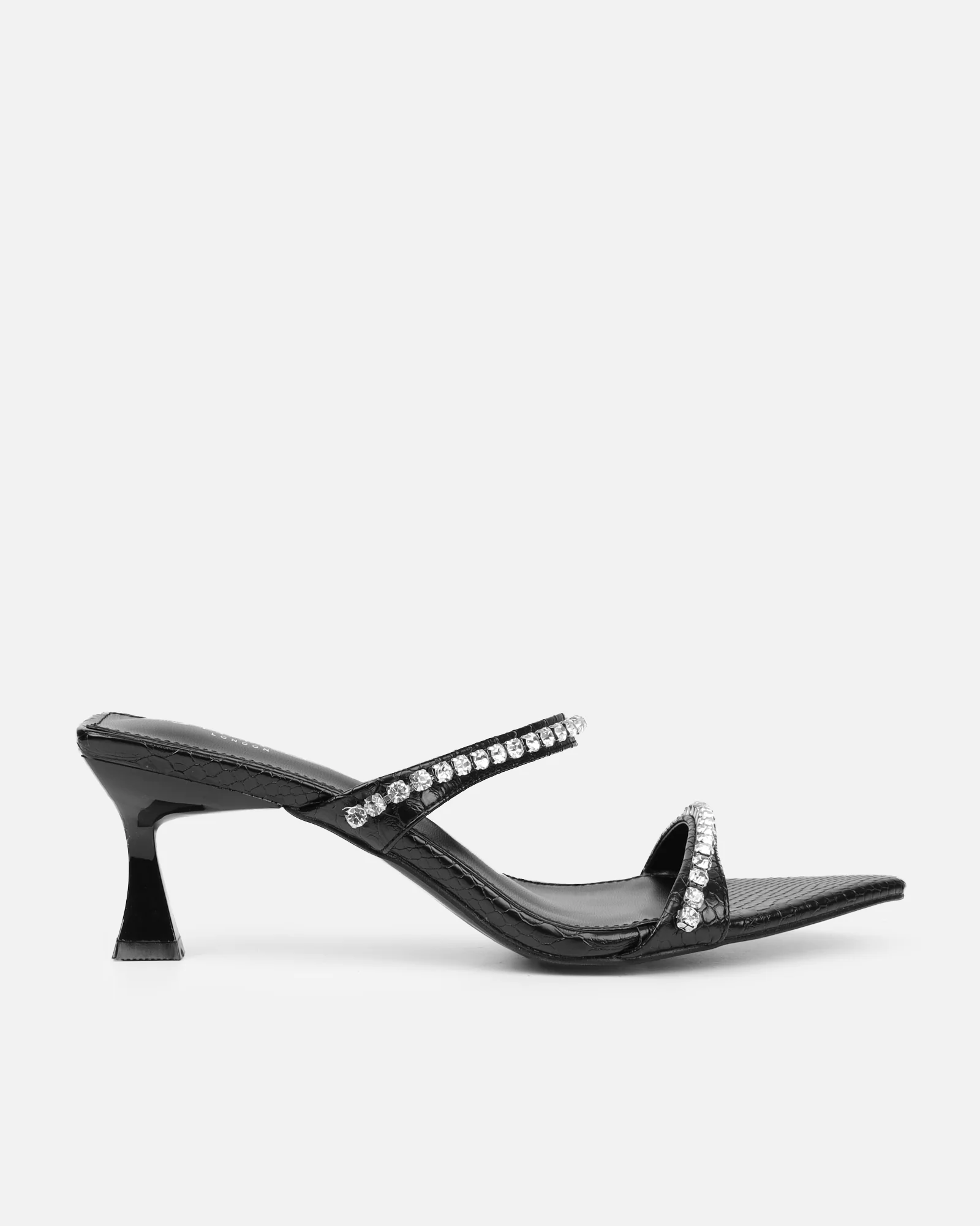 Adrienne Black Faux Snake Diamante Low Heeled Sandals - Image 2