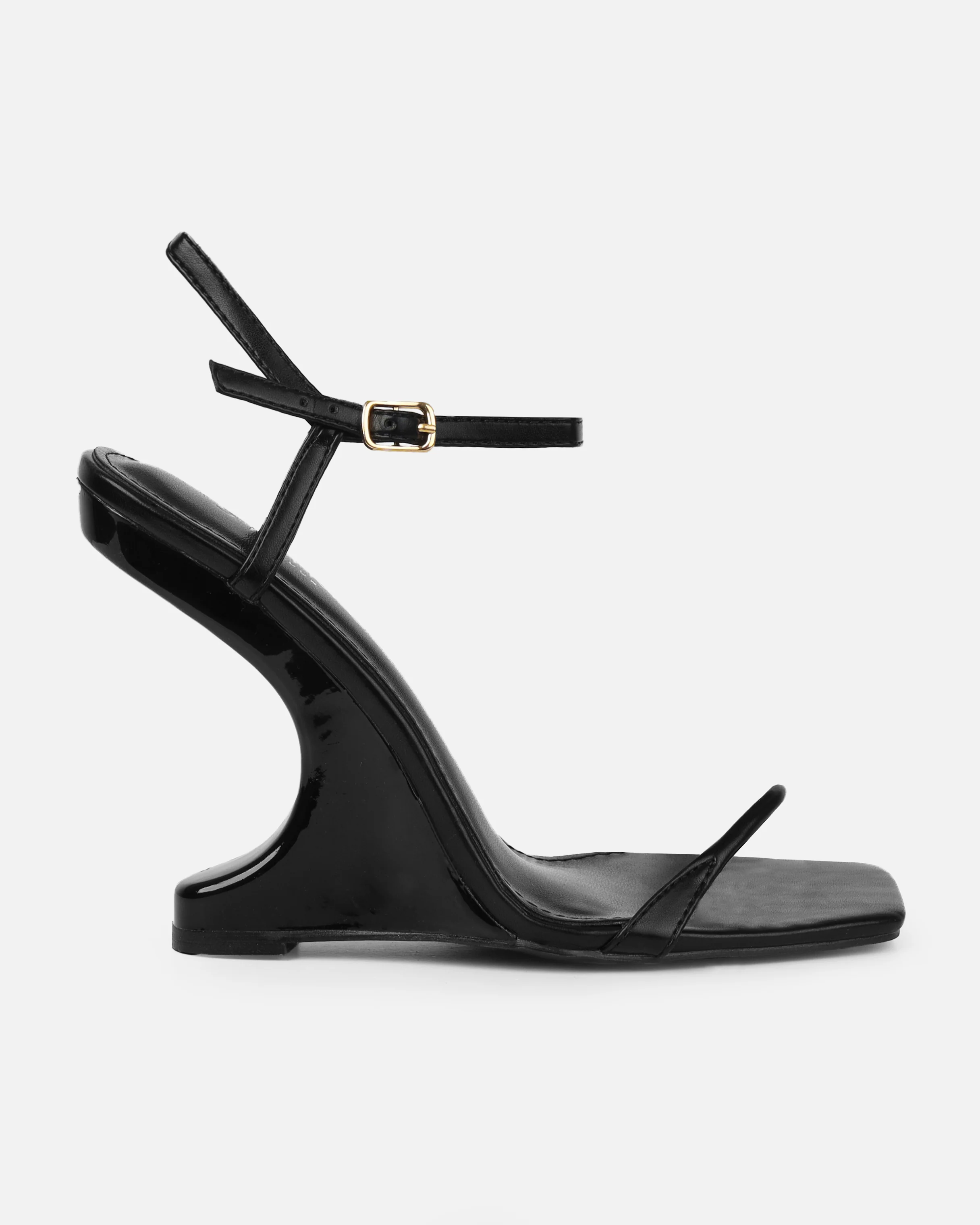 Aja Black Square Toe Strappy Patent Wedges - Image 2