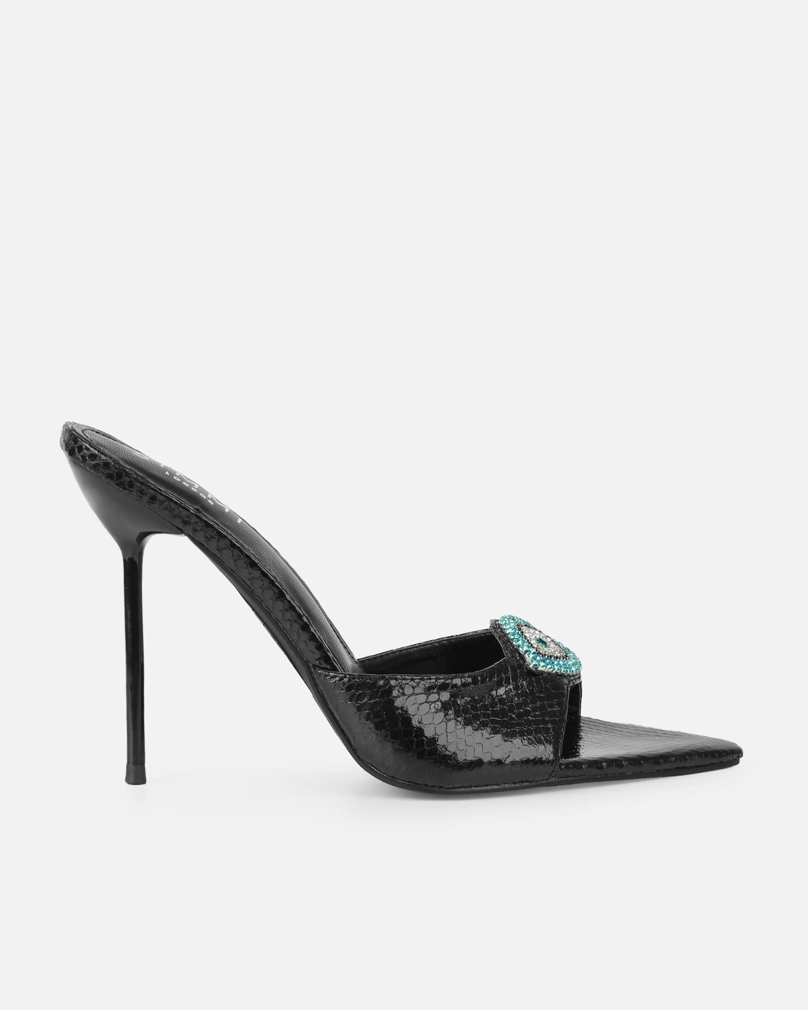 Akia Black Faux Snake Evil Eye Stiletto Mules - Image 2
