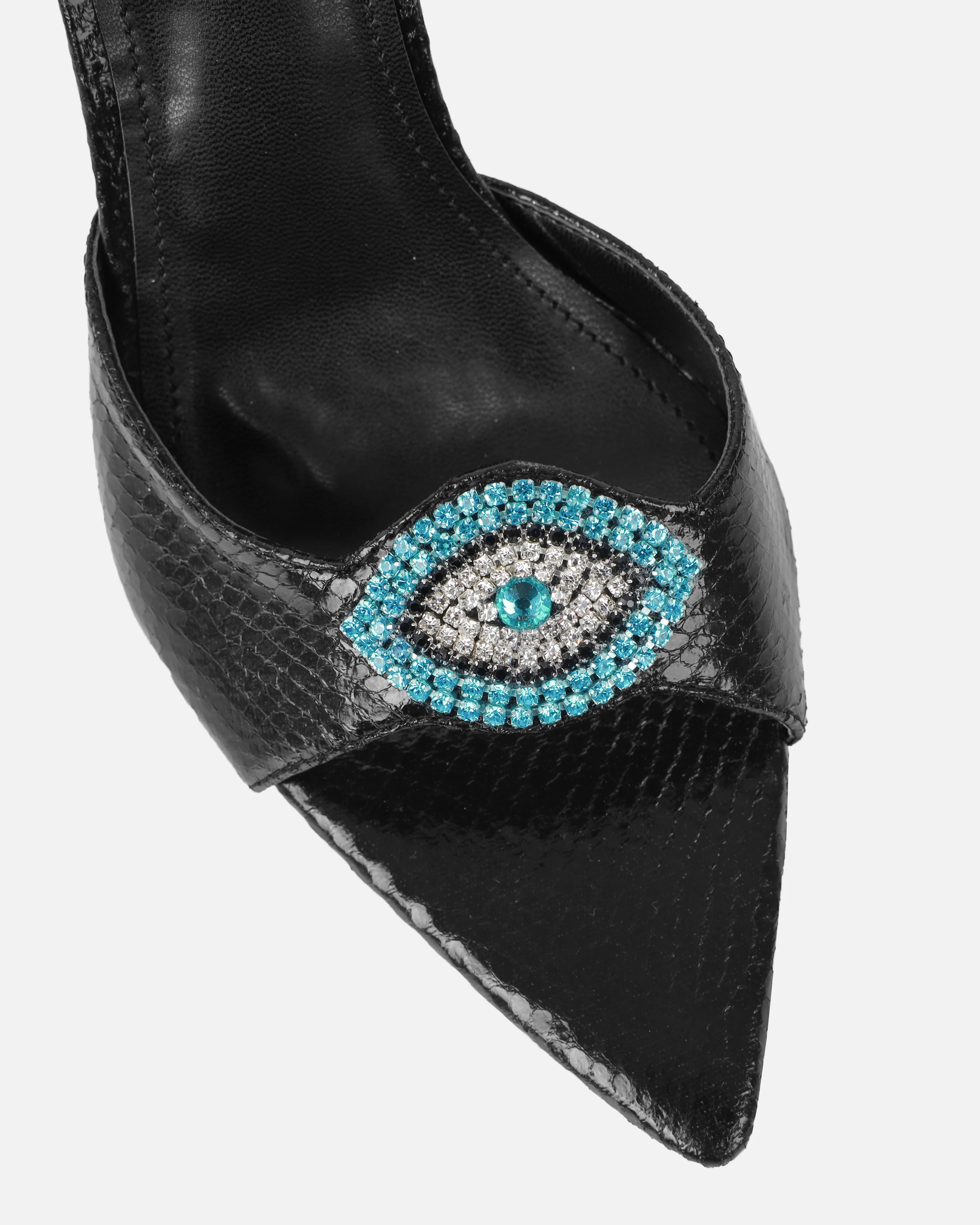 Akia Black Faux Snake Evil Eye Stiletto Mules - Image 4