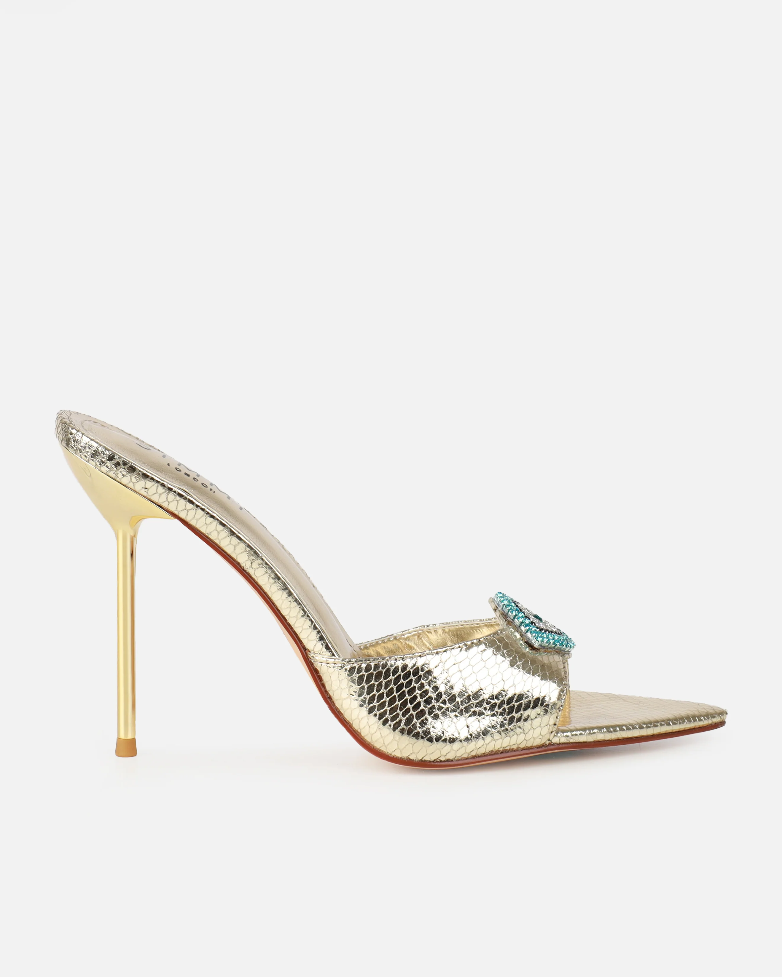 Akia Gold Faux Snake Evil Eye Stiletto Mules - Image 2