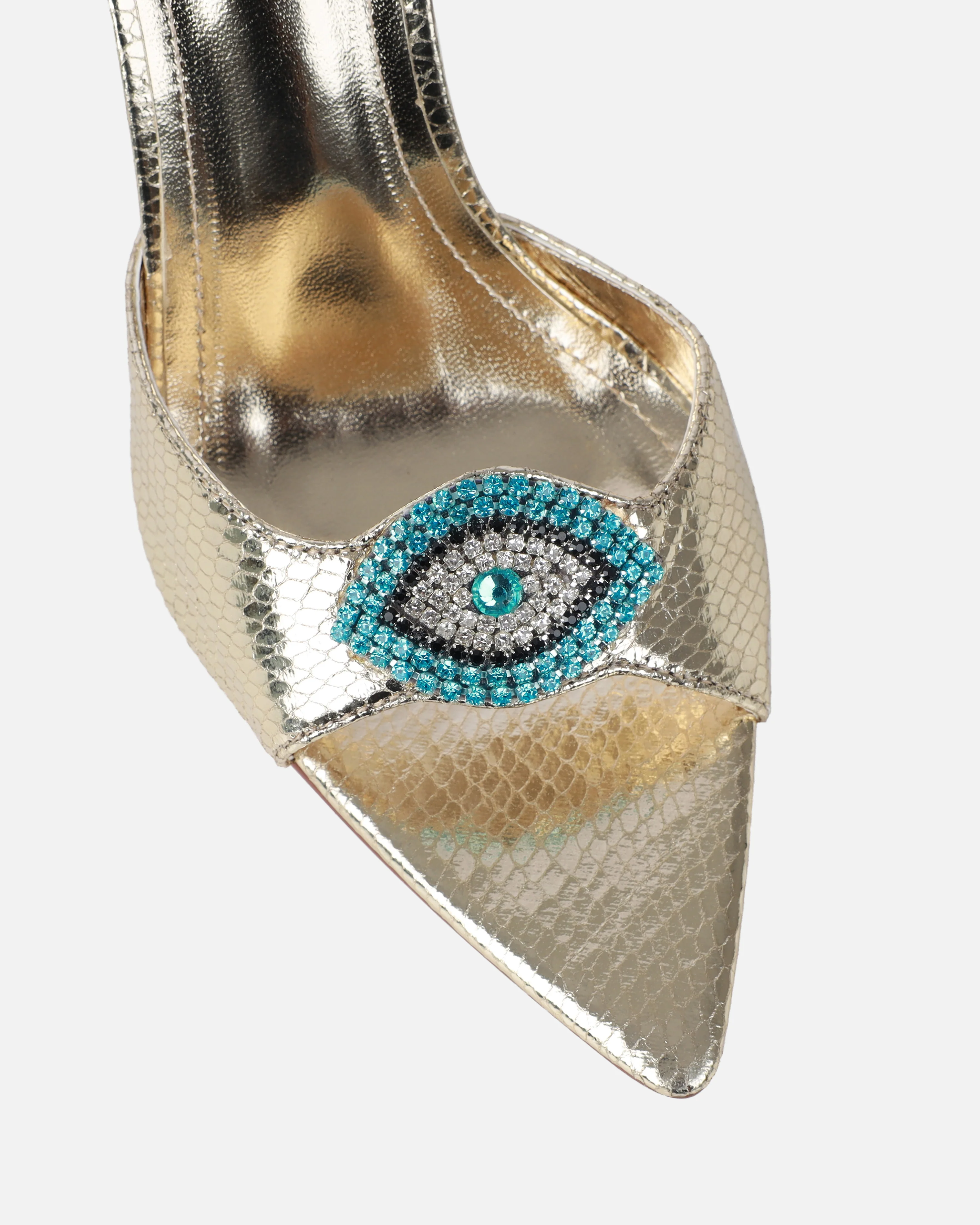 Akia Gold Faux Snake Evil Eye Stiletto Mules - Image 4