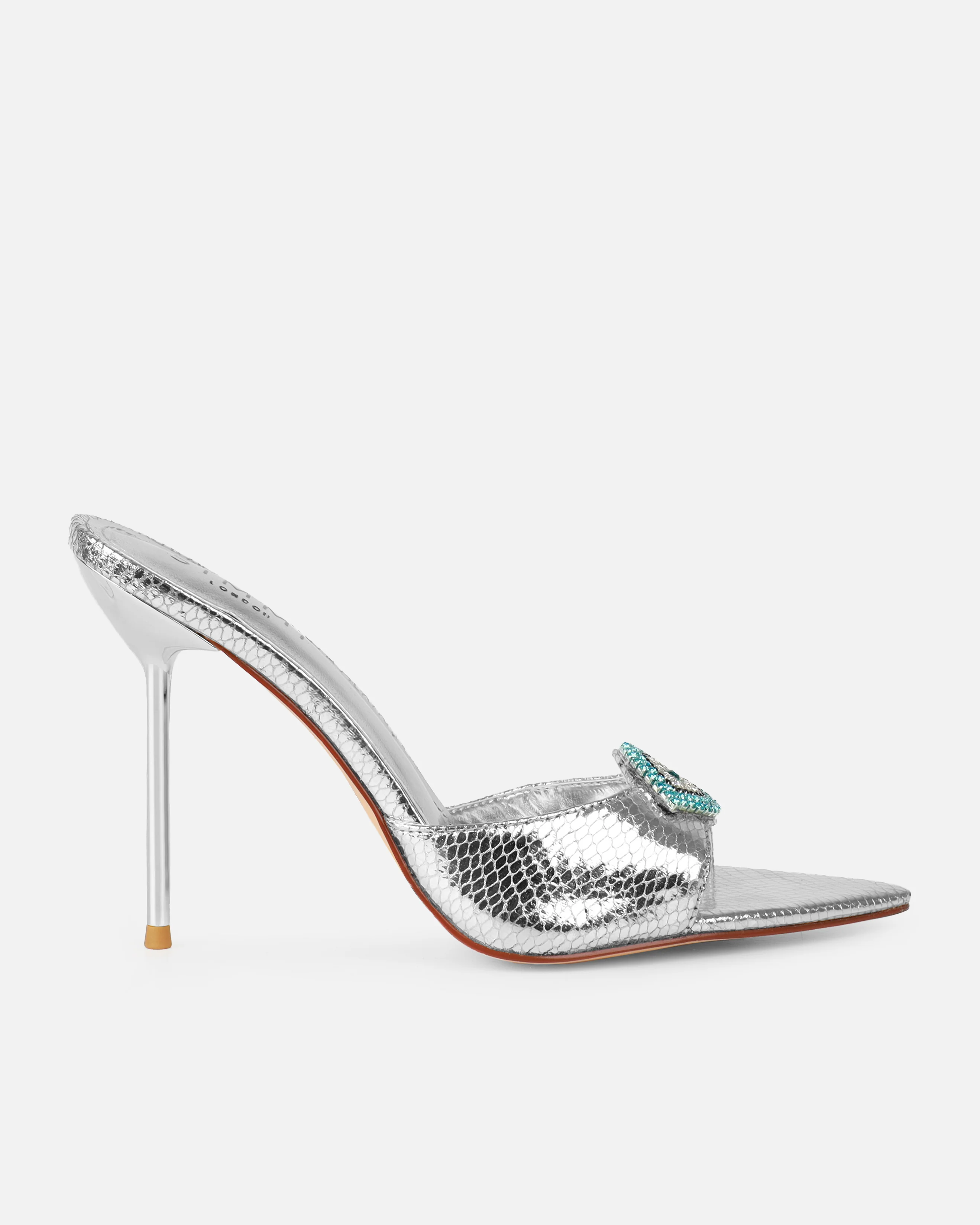 Akia Silver Faux Snake Evil Eye Stiletto Mules - Image 2