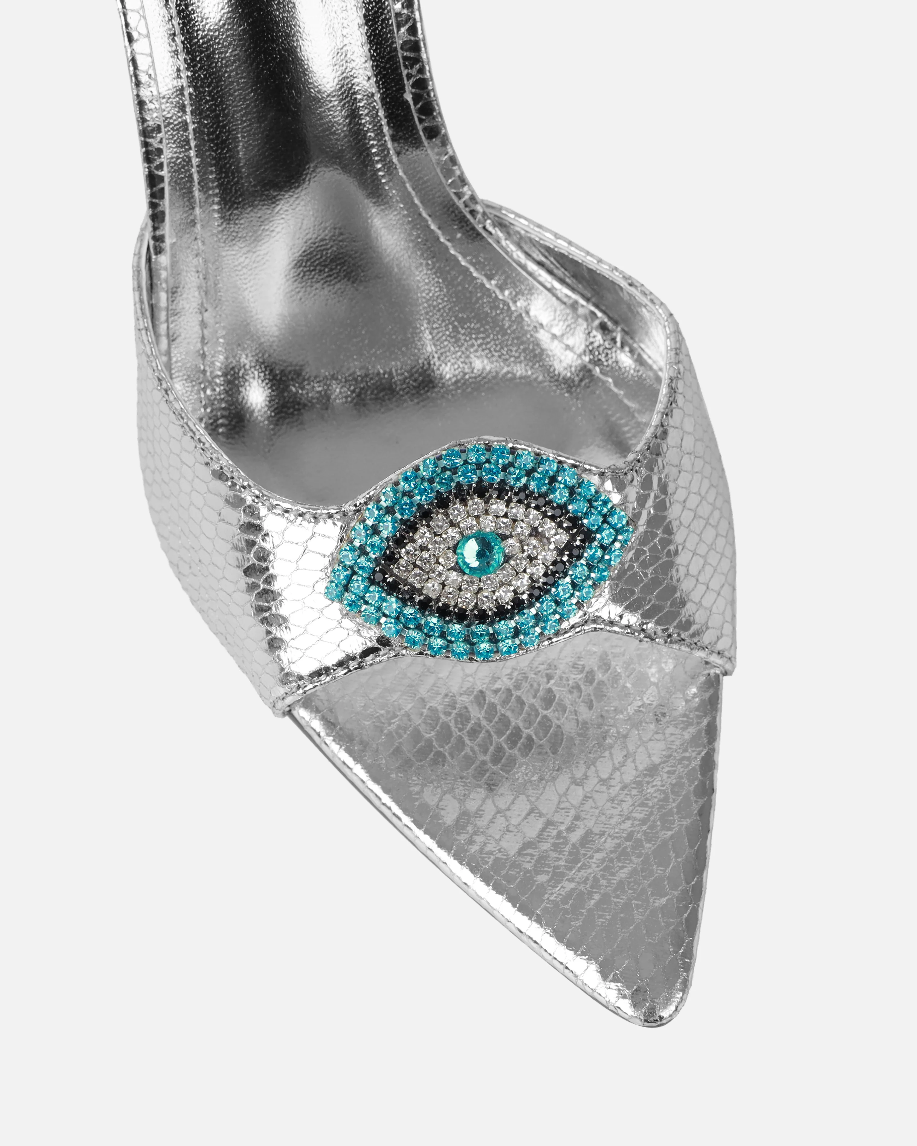 Akia Silver Faux Snake Evil Eye Stiletto Mules - Image 4