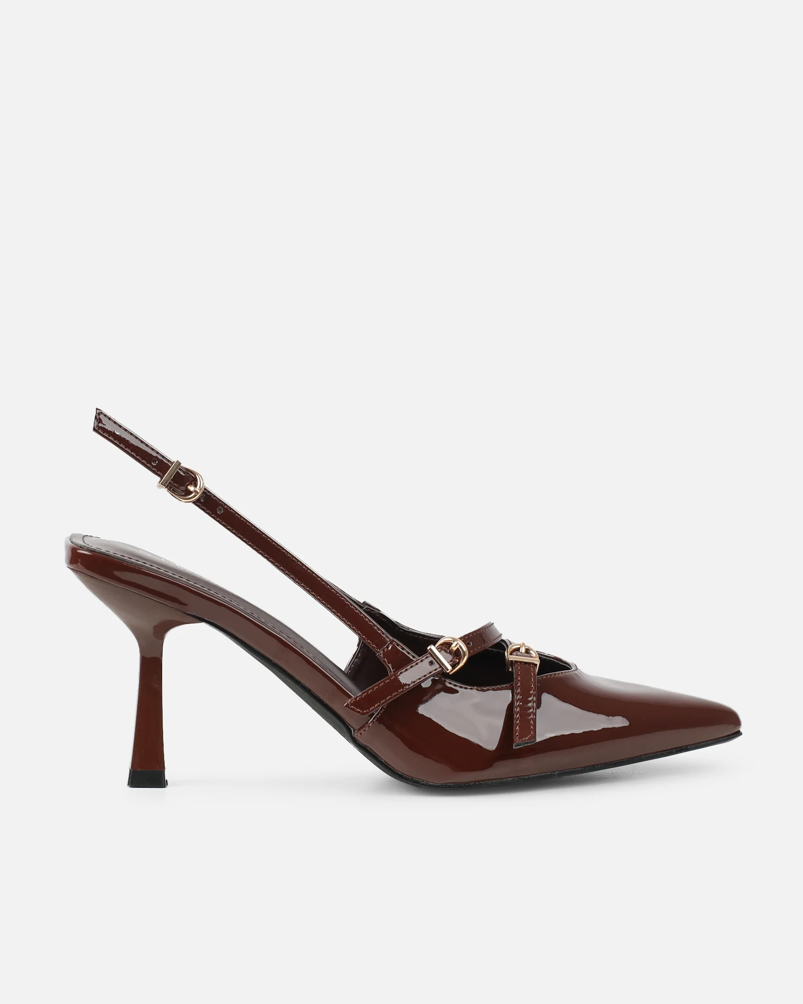 Aksa Brown Patent Sling Back Court Shoes - Image 2