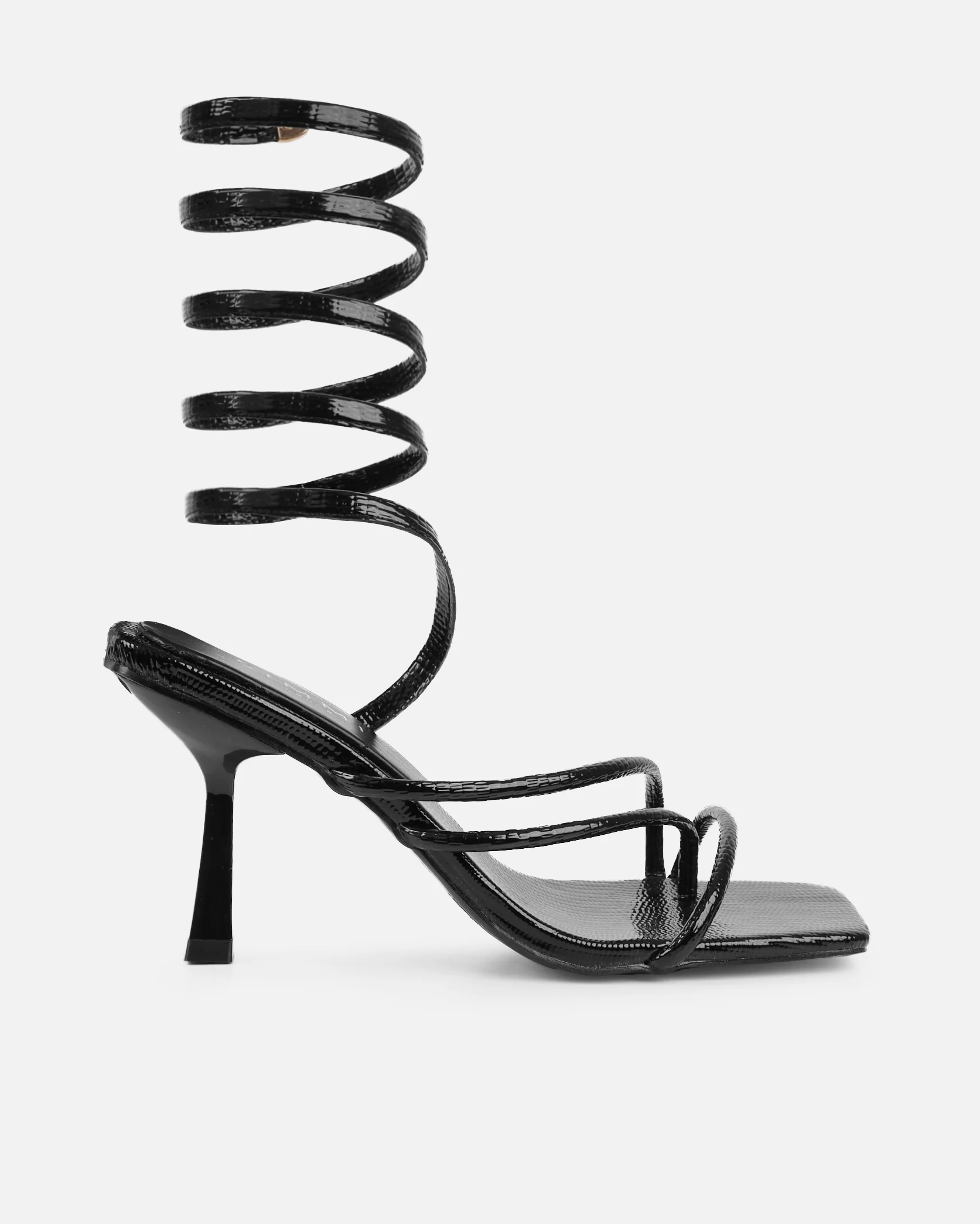 Alii Black Lizard Effect Spiral Mid Heeled Sandals - Image 2