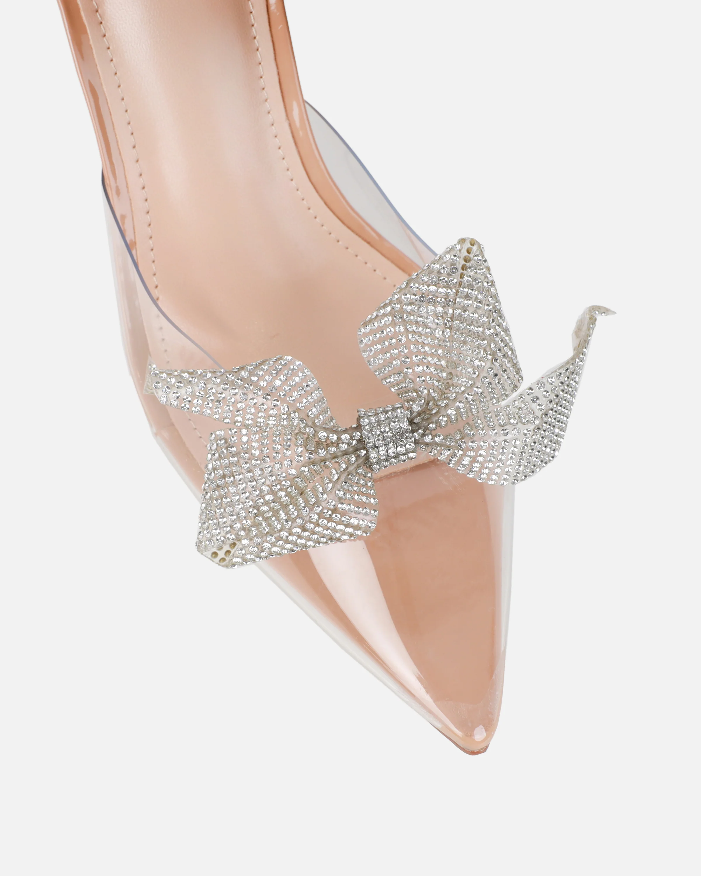 Alorah Clear Nude Diamante Bow Trim Sling Back Court Shoes - Image 4