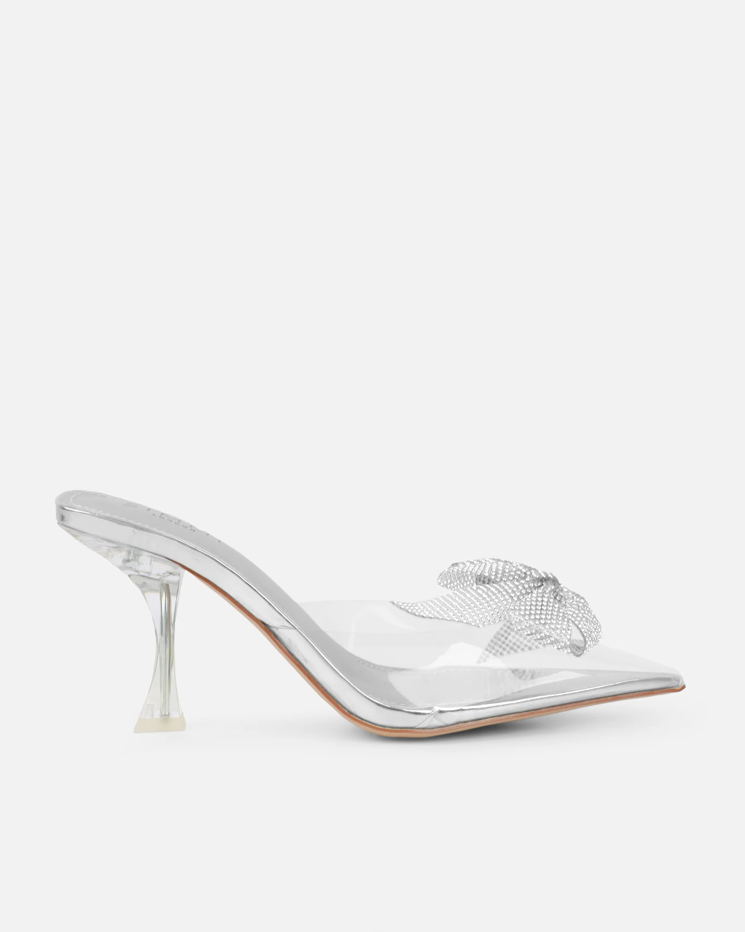 Alorah Clear Silver Mirror Diamante Bow Trim Sling Back Court Shoes - Image 2