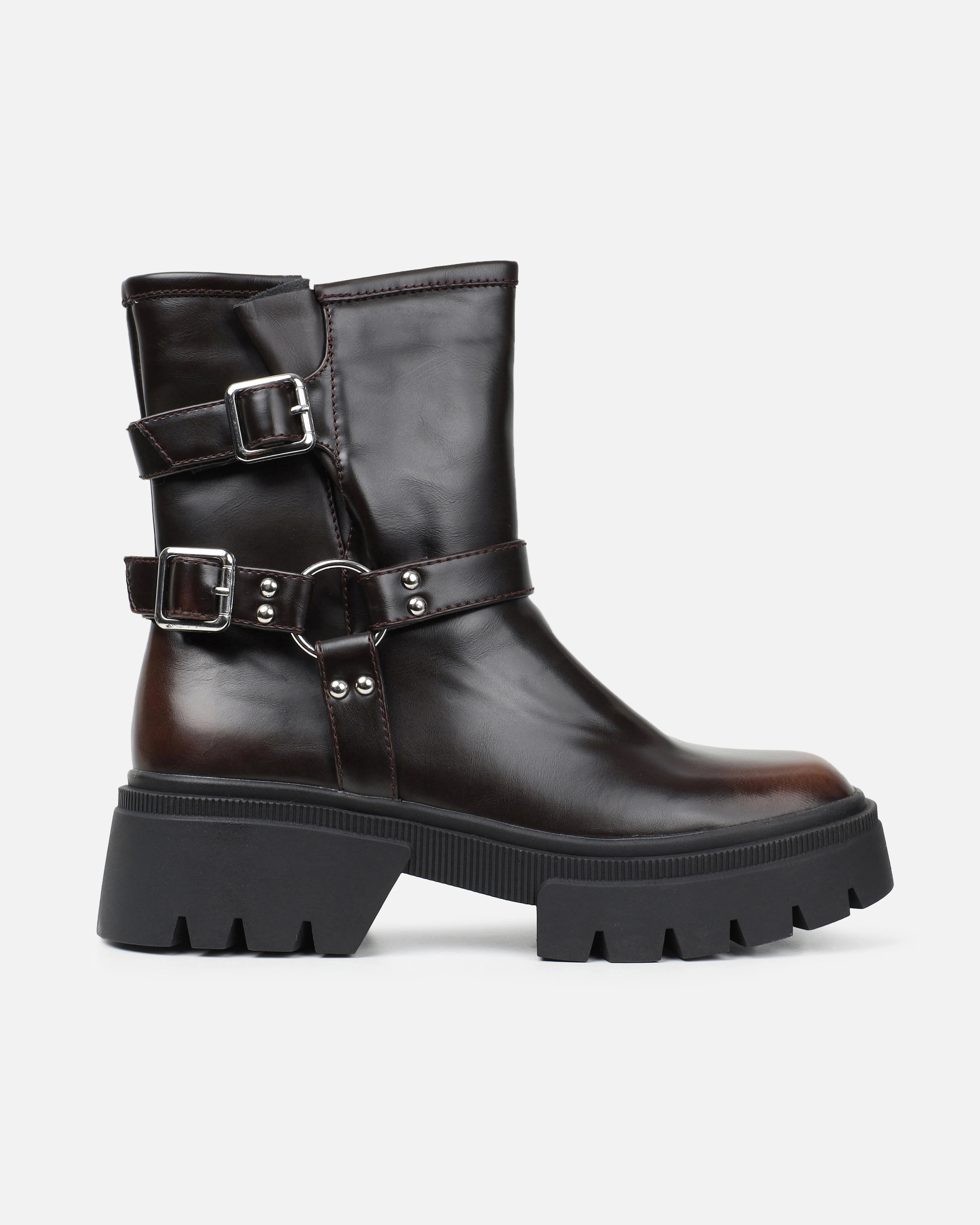 Alpesh Brown Burnished Chunky Biker Boots - Image 2