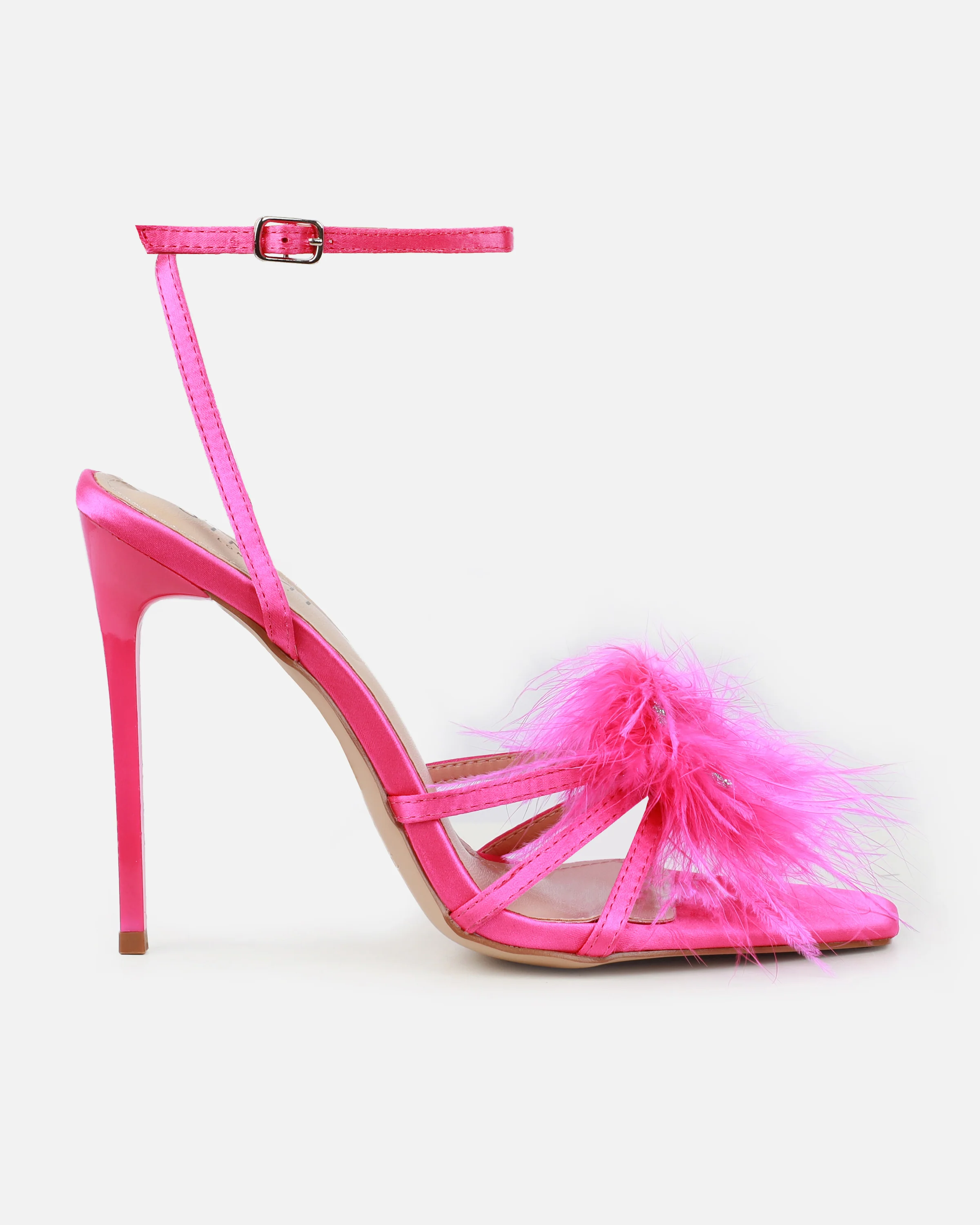 Amabel Hot Pink Satin Fluffy Diamante Heels - Image 2