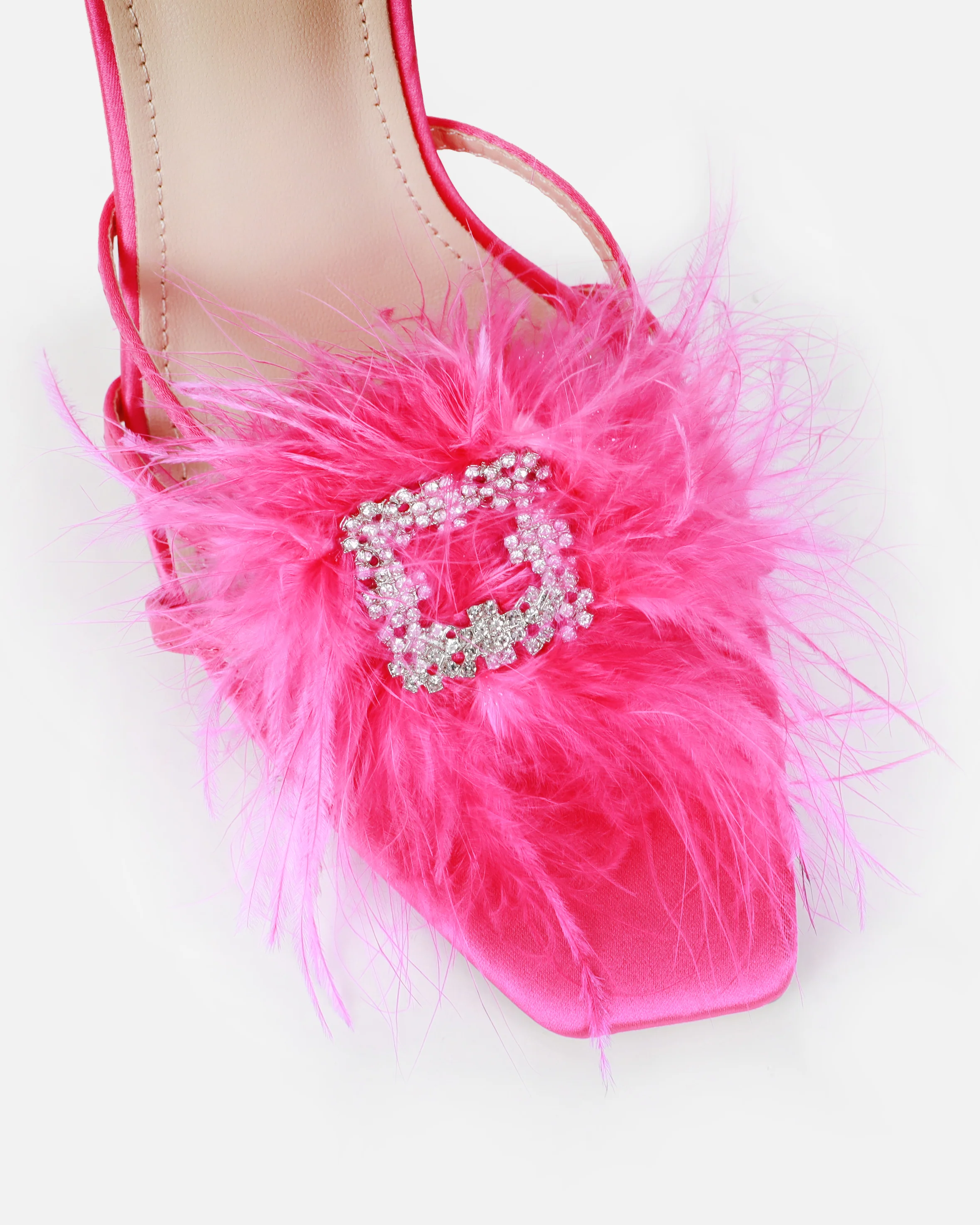 Amabel Hot Pink Satin Fluffy Diamante Heels - Image 4