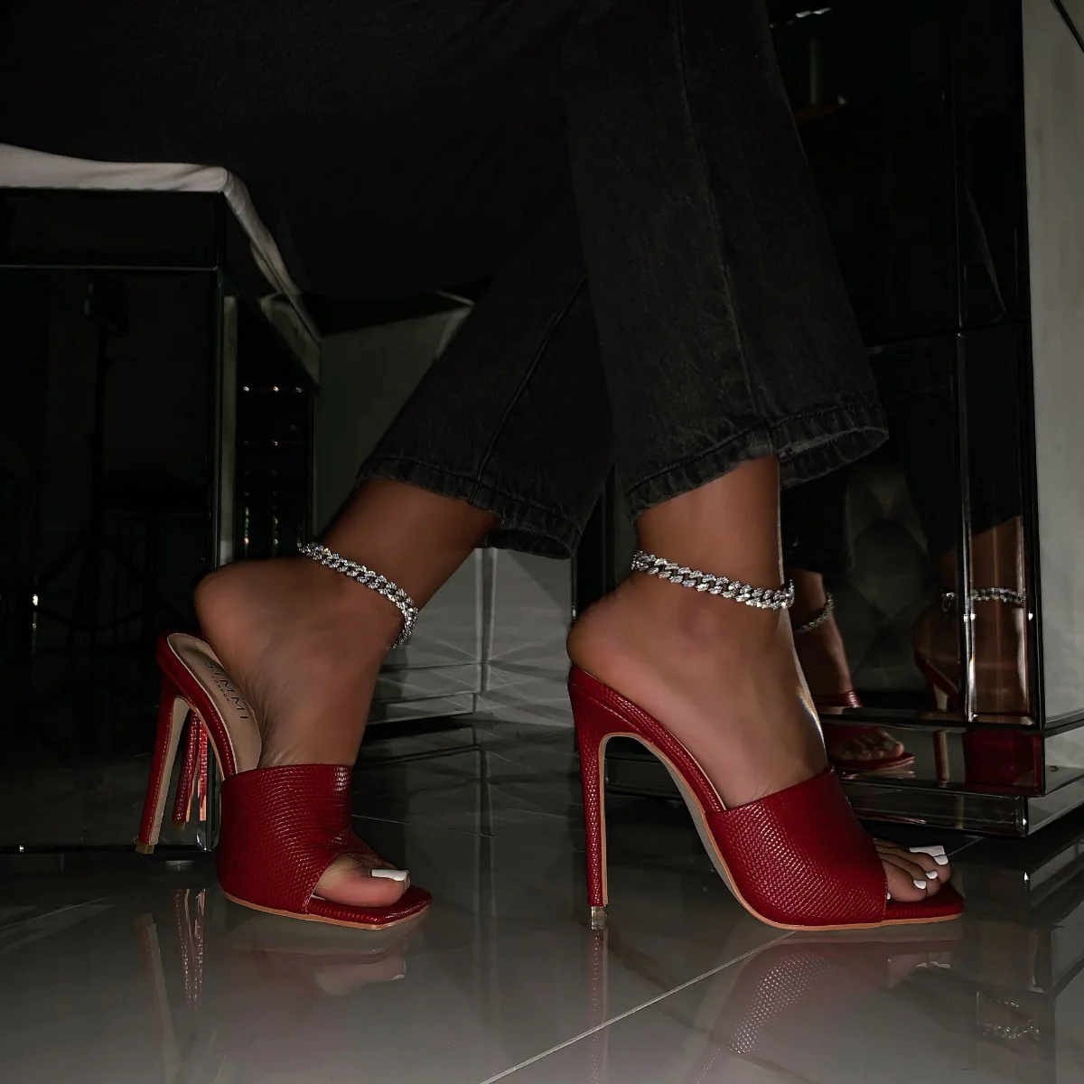 Amalie Red Snake Print Stiletto Mule Heels - Image 5