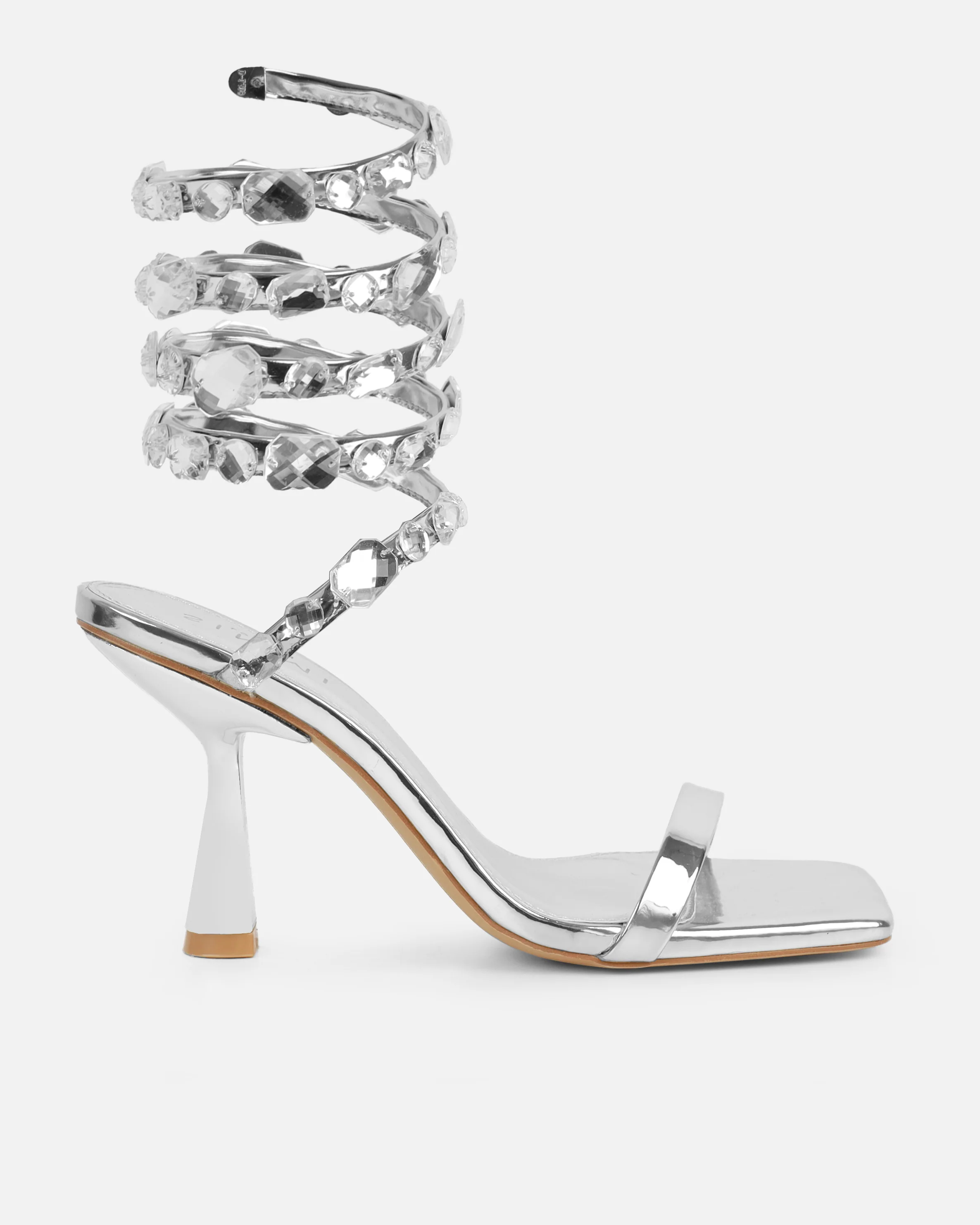 Amor Silver Mirror Diamante Spiral Sandals - Image 2