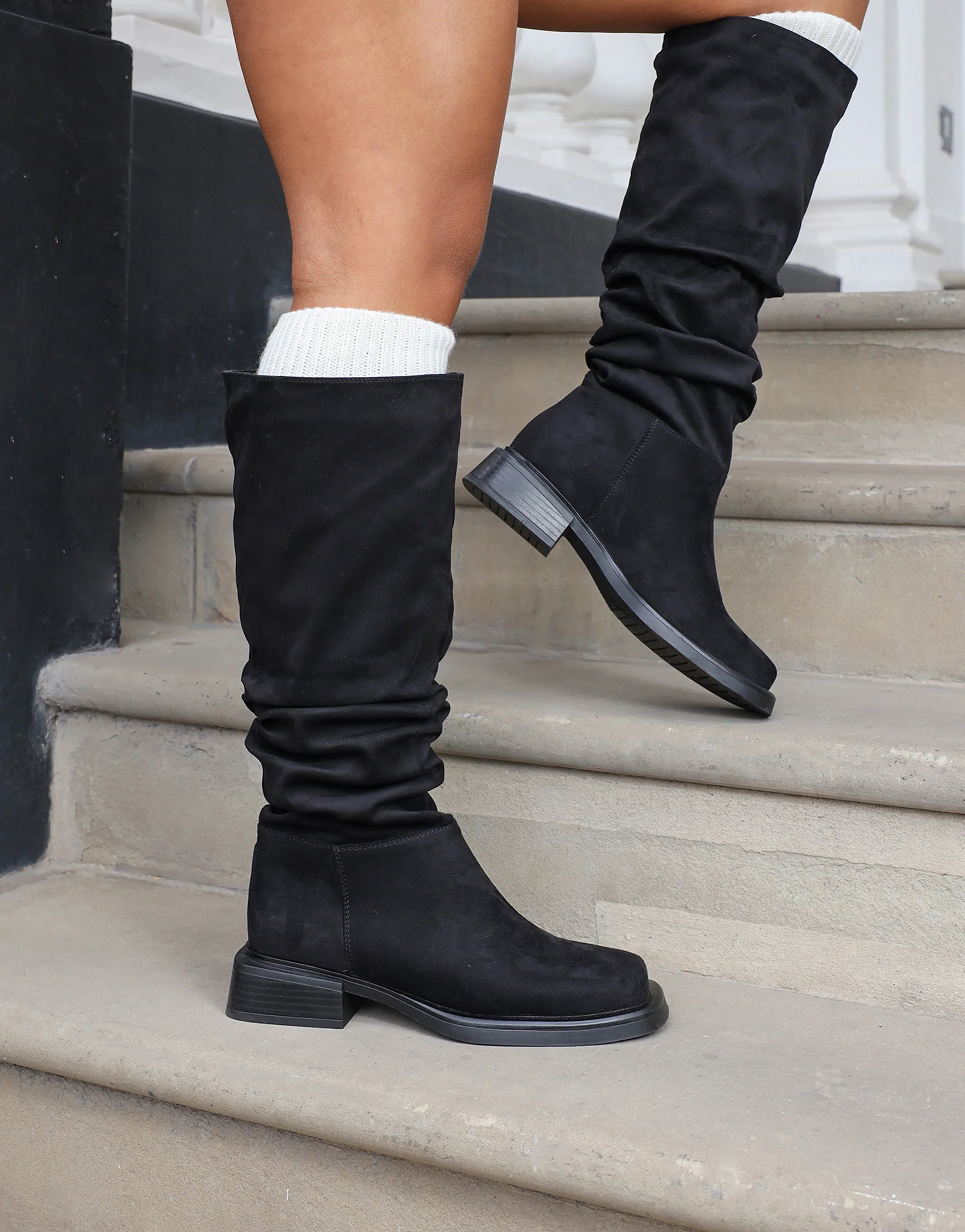 Amrose Black Suede Ruched Heeled Boots
