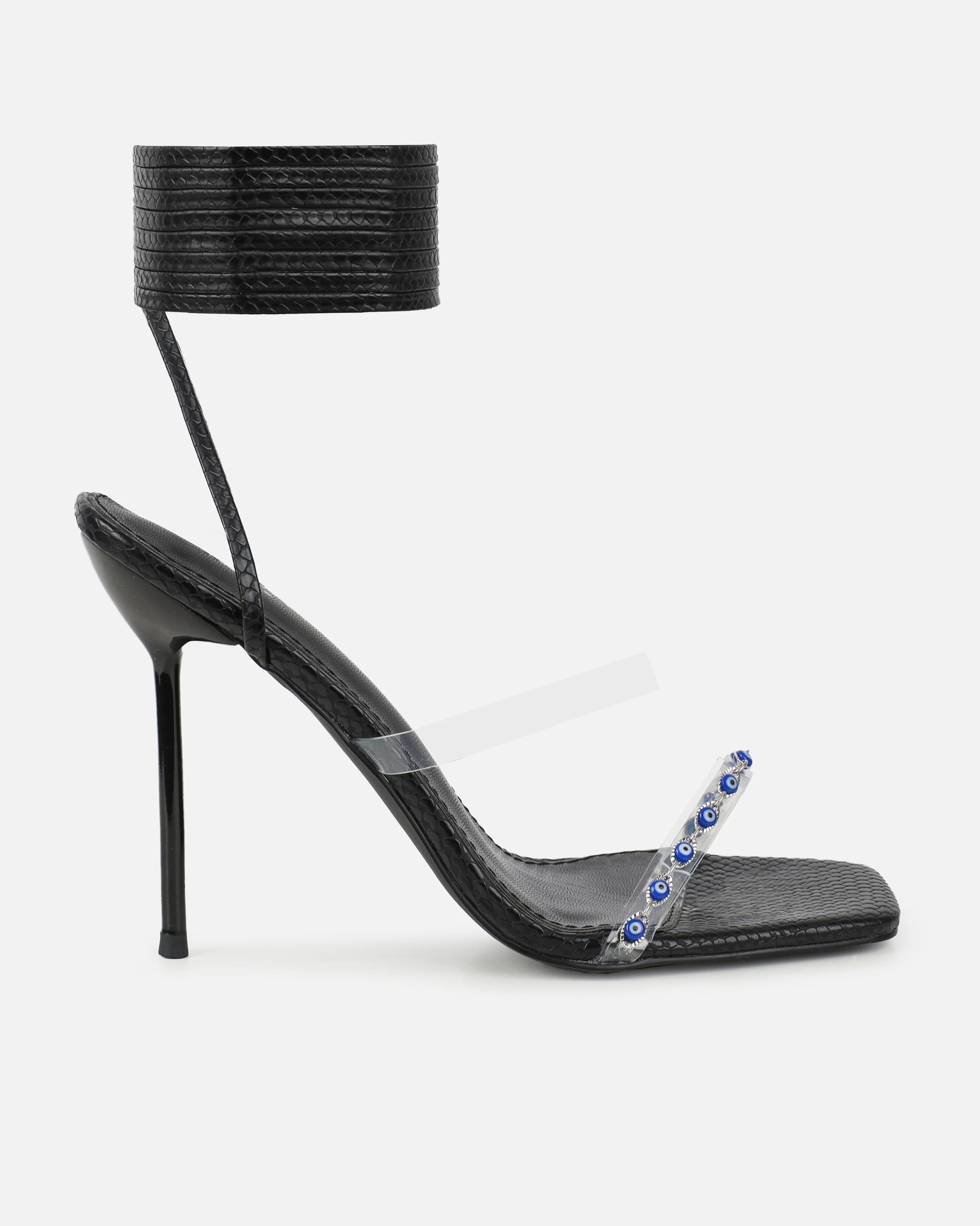 Anyah Black Faux Snake Evil Eye Detail Tie Up Heels - Image 2