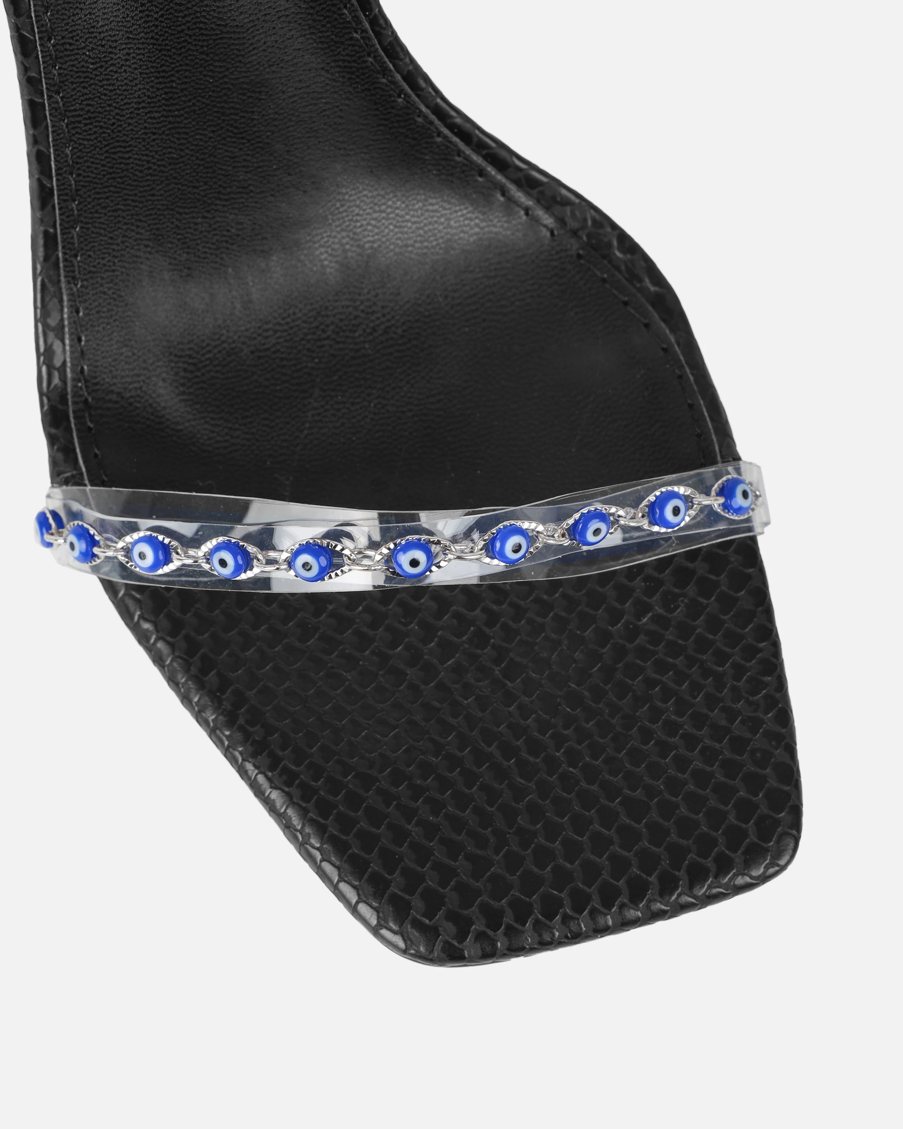 Anyah Black Faux Snake Evil Eye Detail Tie Up Heels - Image 4