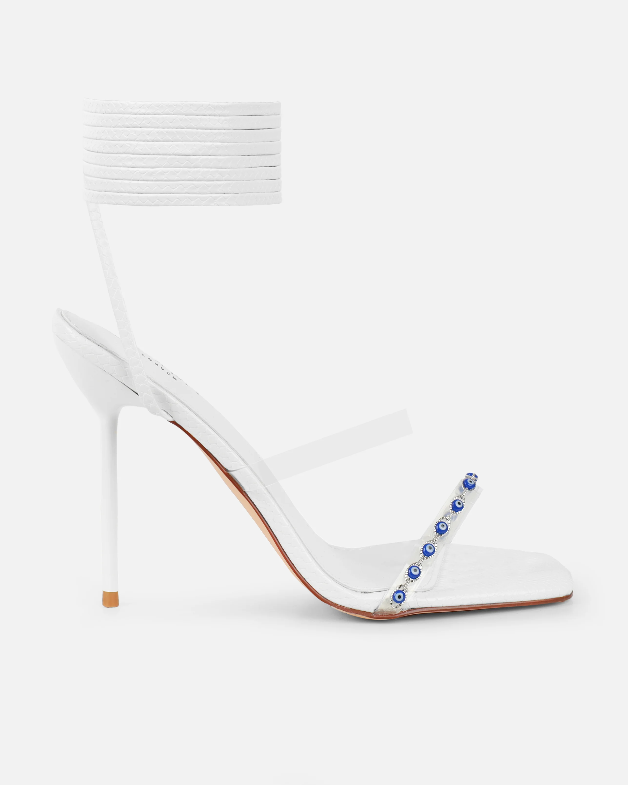 Anyah White Faux Snake Evil Eye Detail Tie Up Heels - Image 2