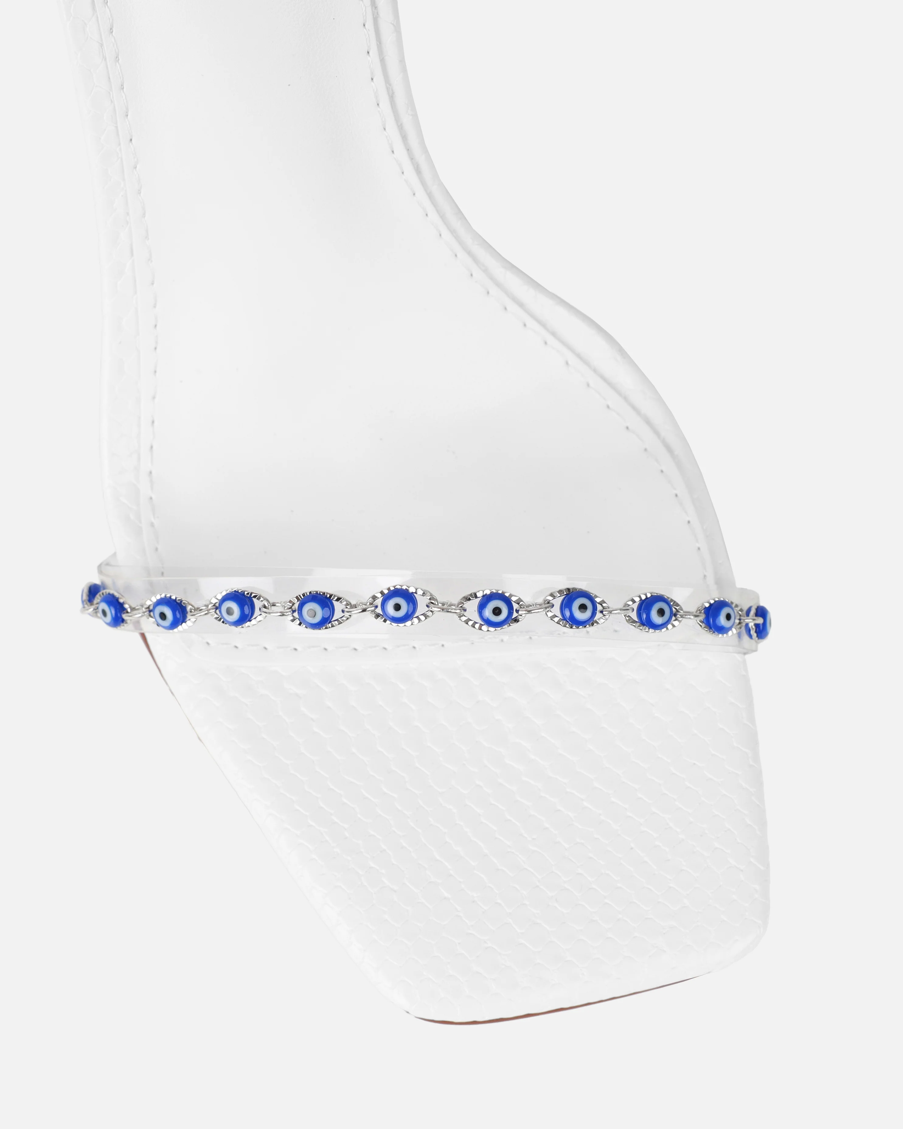Anyah White Faux Snake Evil Eye Detail Tie Up Heels - Image 4