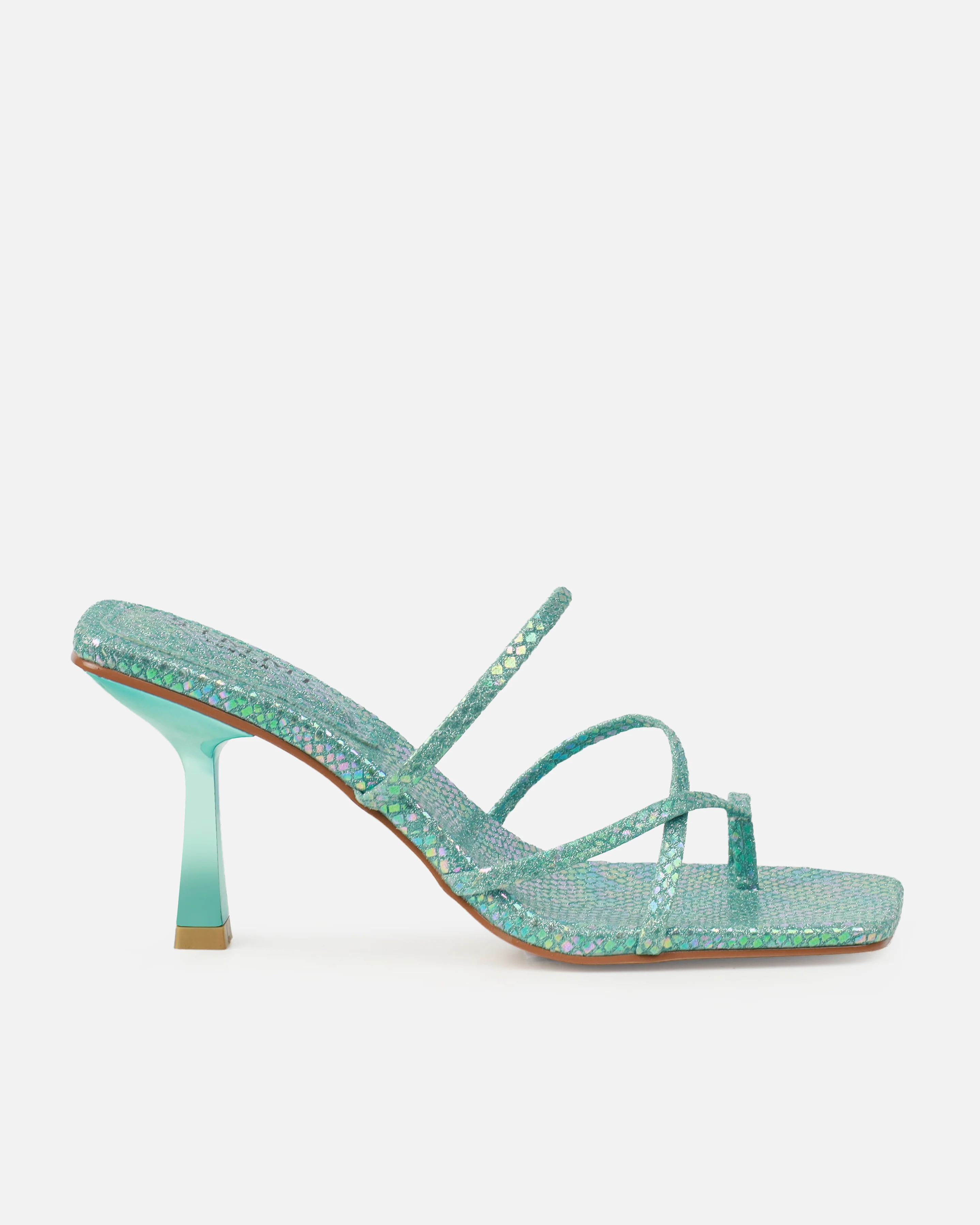 Apollo Blue Shimmer Faux Snake Strappy Mid Heel Mules - Image 2