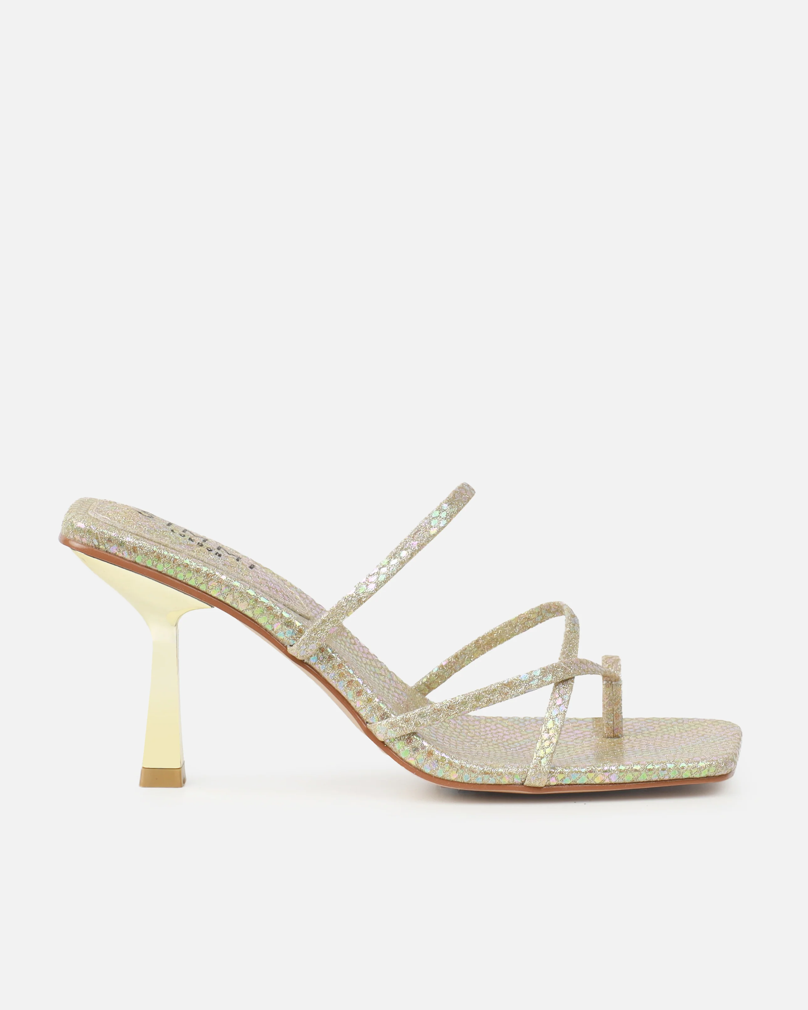 Apollo Gold Shimmer Faux Snake Strappy Mid Heel Mules - Image 2
