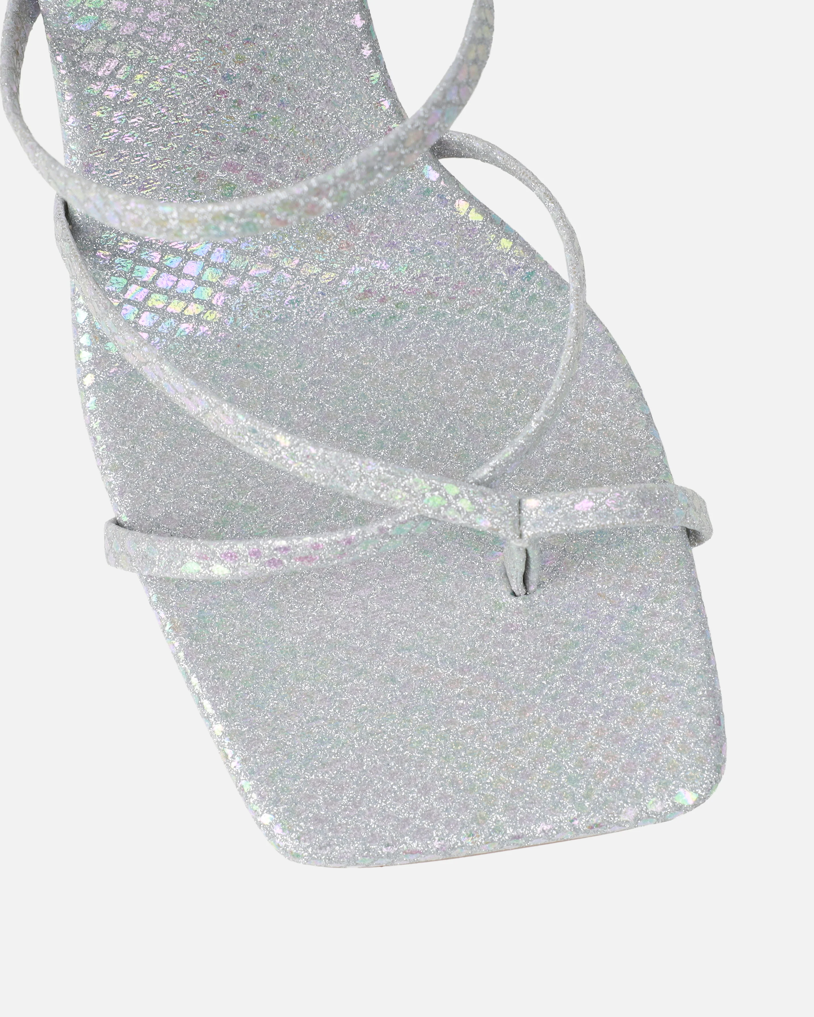 Apollo Silver Shimmer Faux Snake Strappy Mid Heel Mules - Image 4