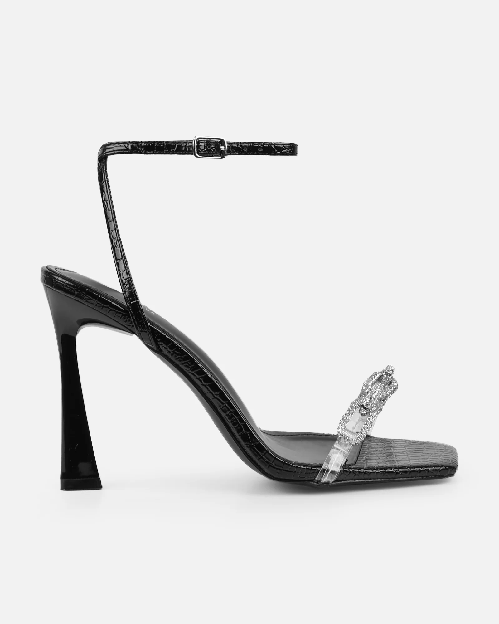 Appi Clear Black Faux Snake Effect Chain Detail Heeled Sandals - Image 2