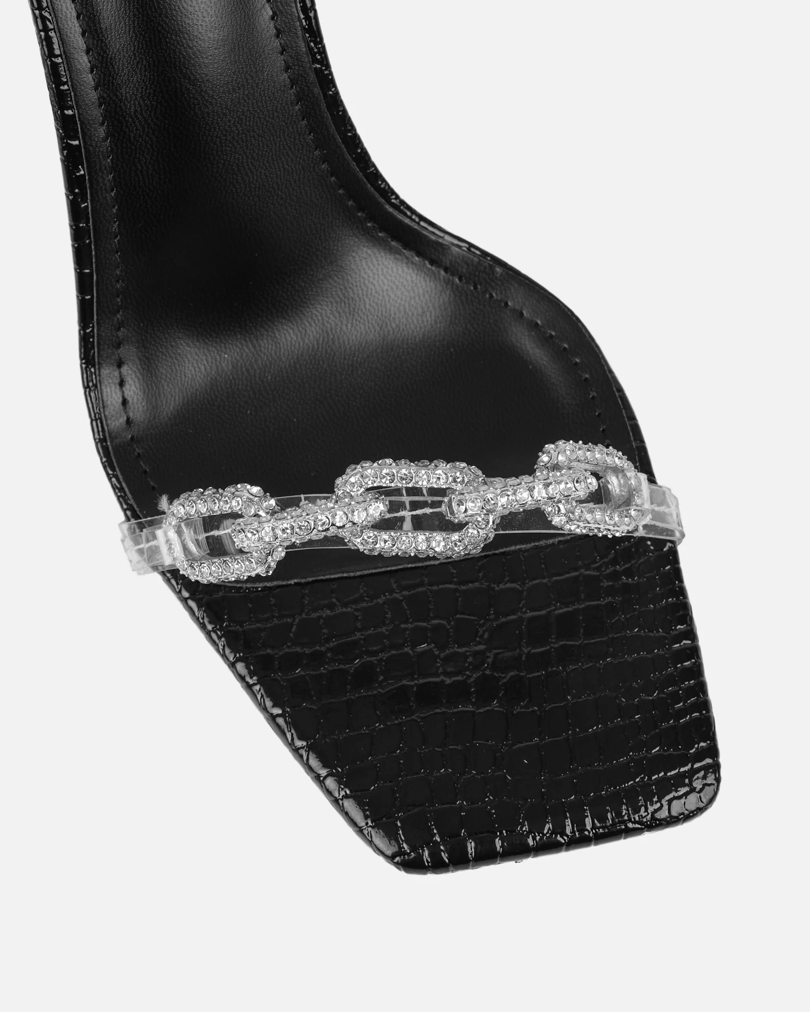 Appi Clear Black Faux Snake Effect Chain Detail Heeled Sandals - Image 4