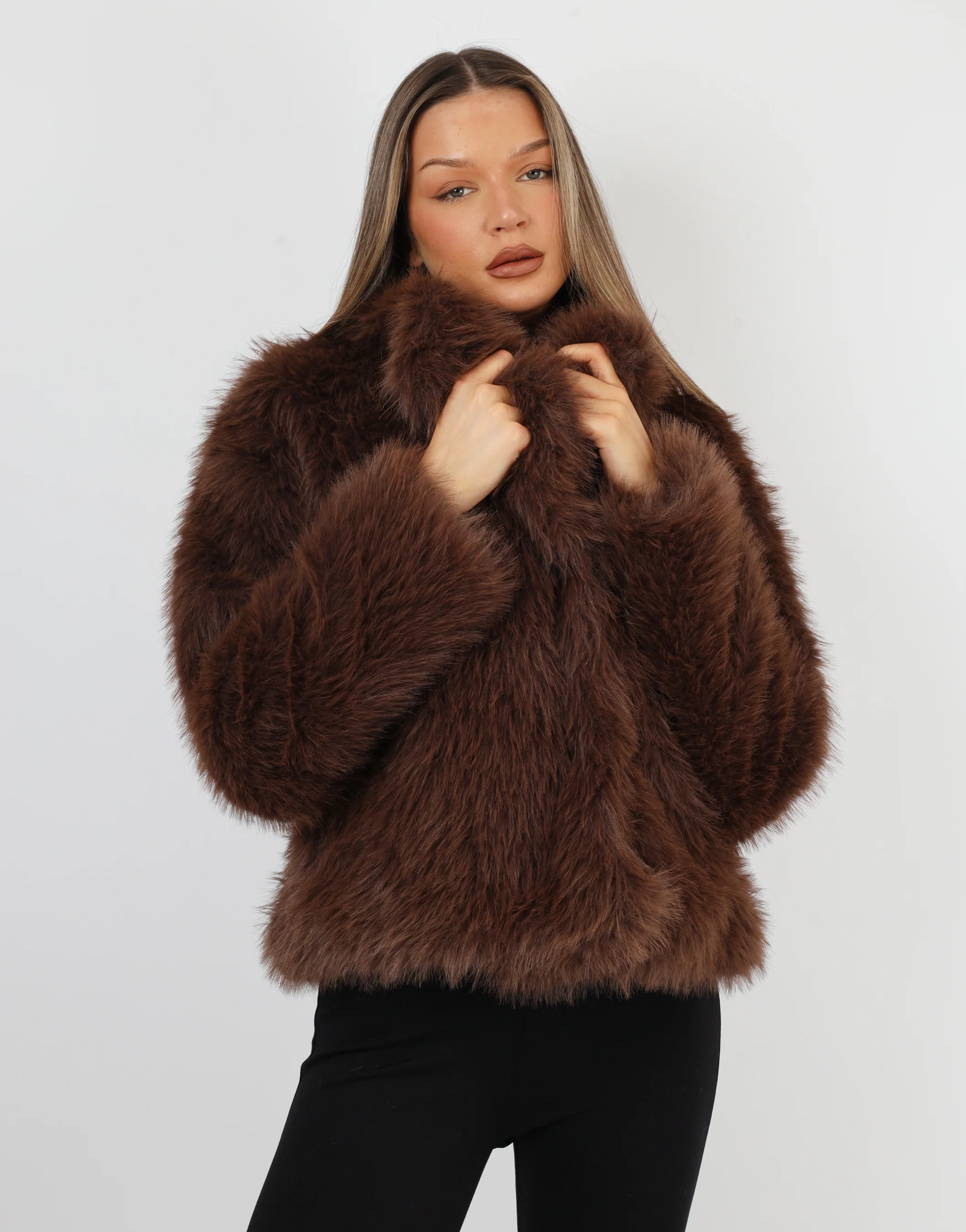 Arabella Oversized Collar Premium Faux Fur Coat in Dark Brown - Image 2