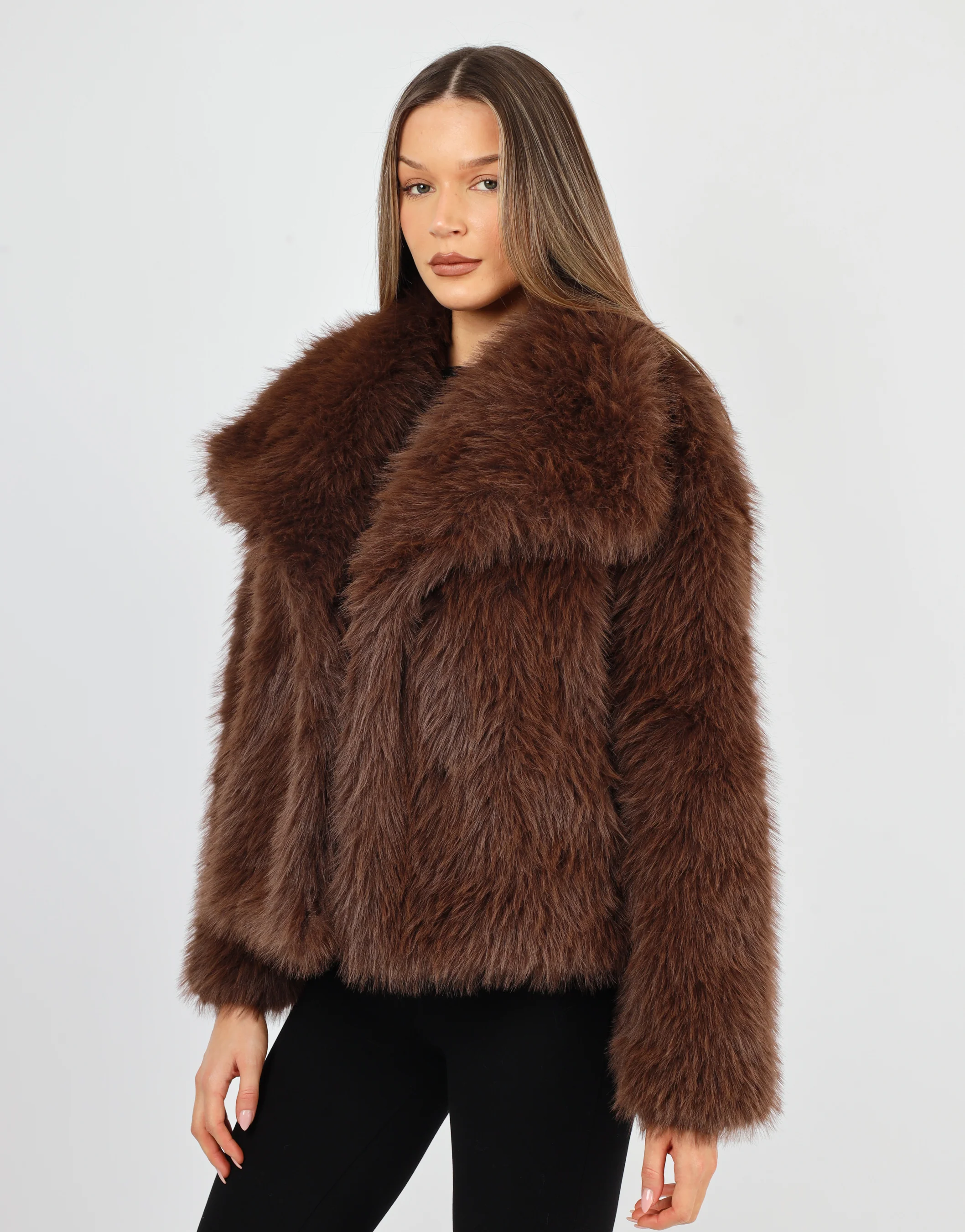 Arabella Oversized Collar Premium Faux Fur Coat in Dark Brown - Image 3