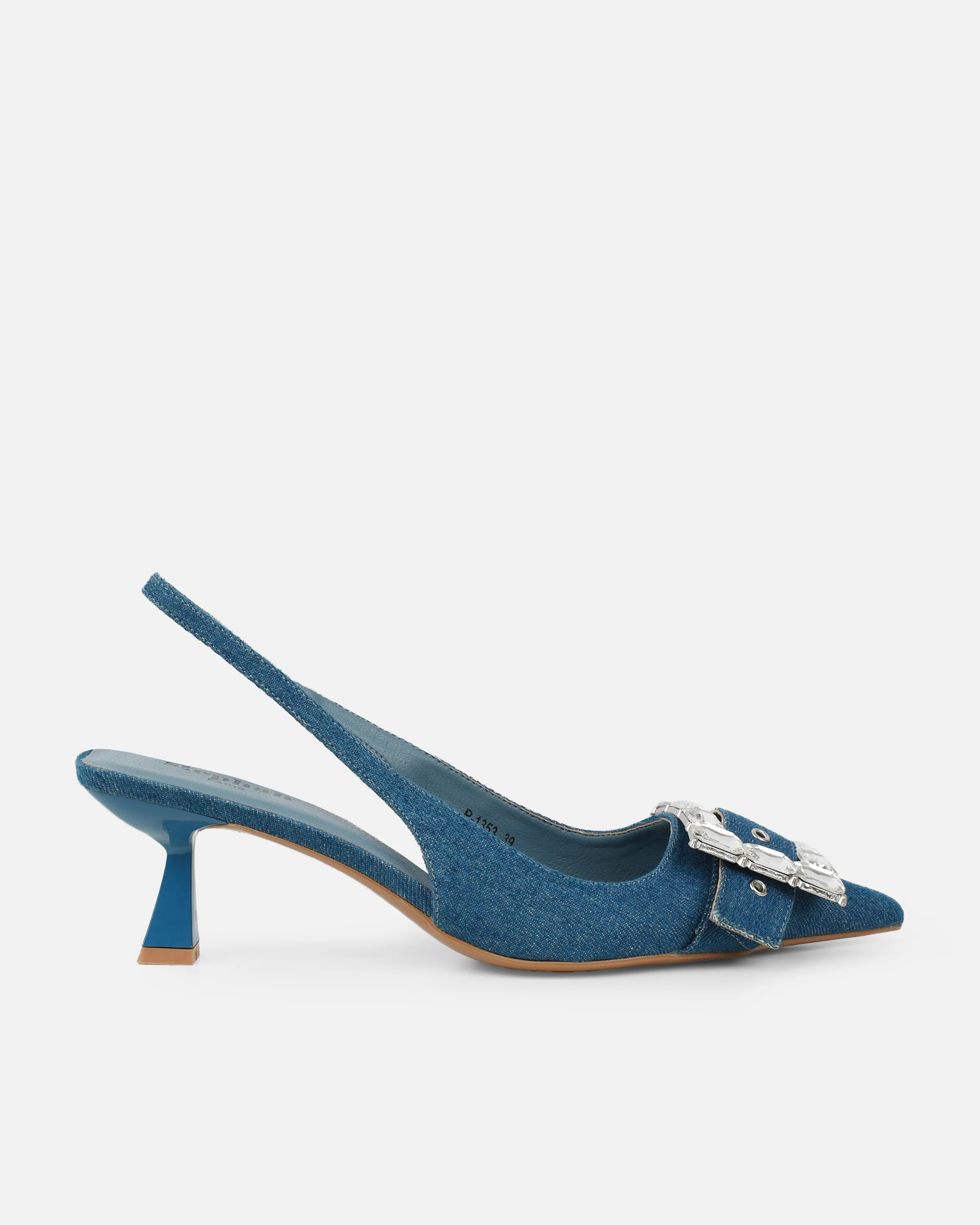 Ardenne Blue Denim Diamante Low Court Heeled Shoes - Image 2