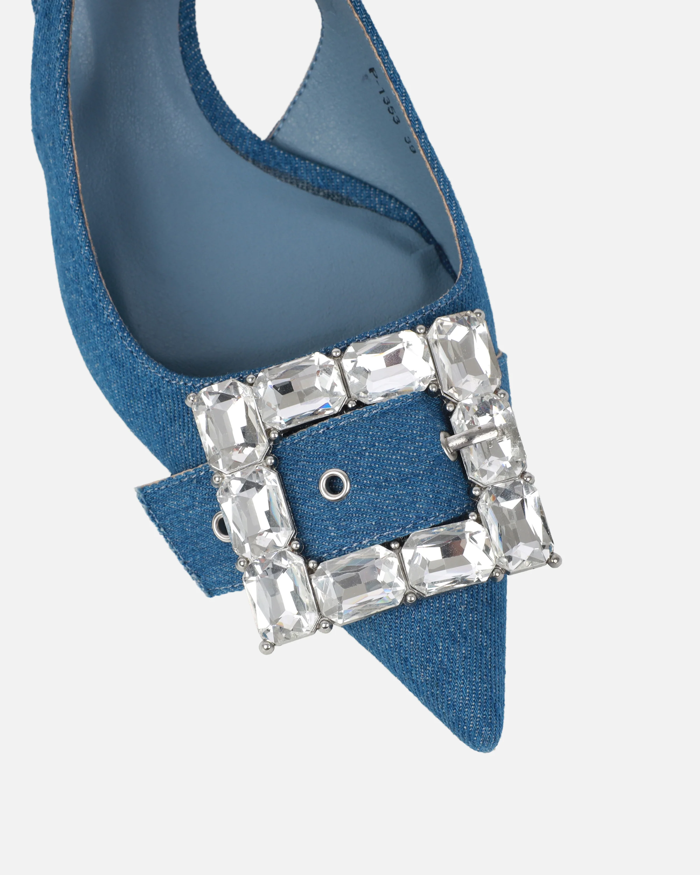 Ardenne Blue Denim Diamante Low Court Heeled Shoes - Image 4
