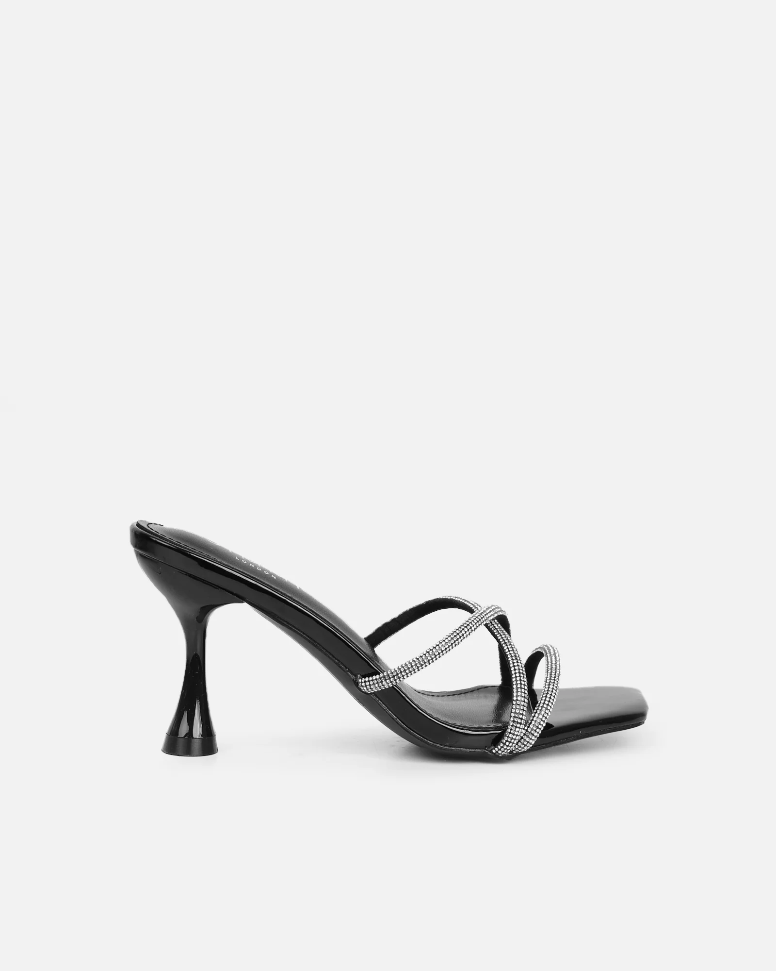 Aubria Black Patent Diamante Mid Heeled Sandals - Image 2