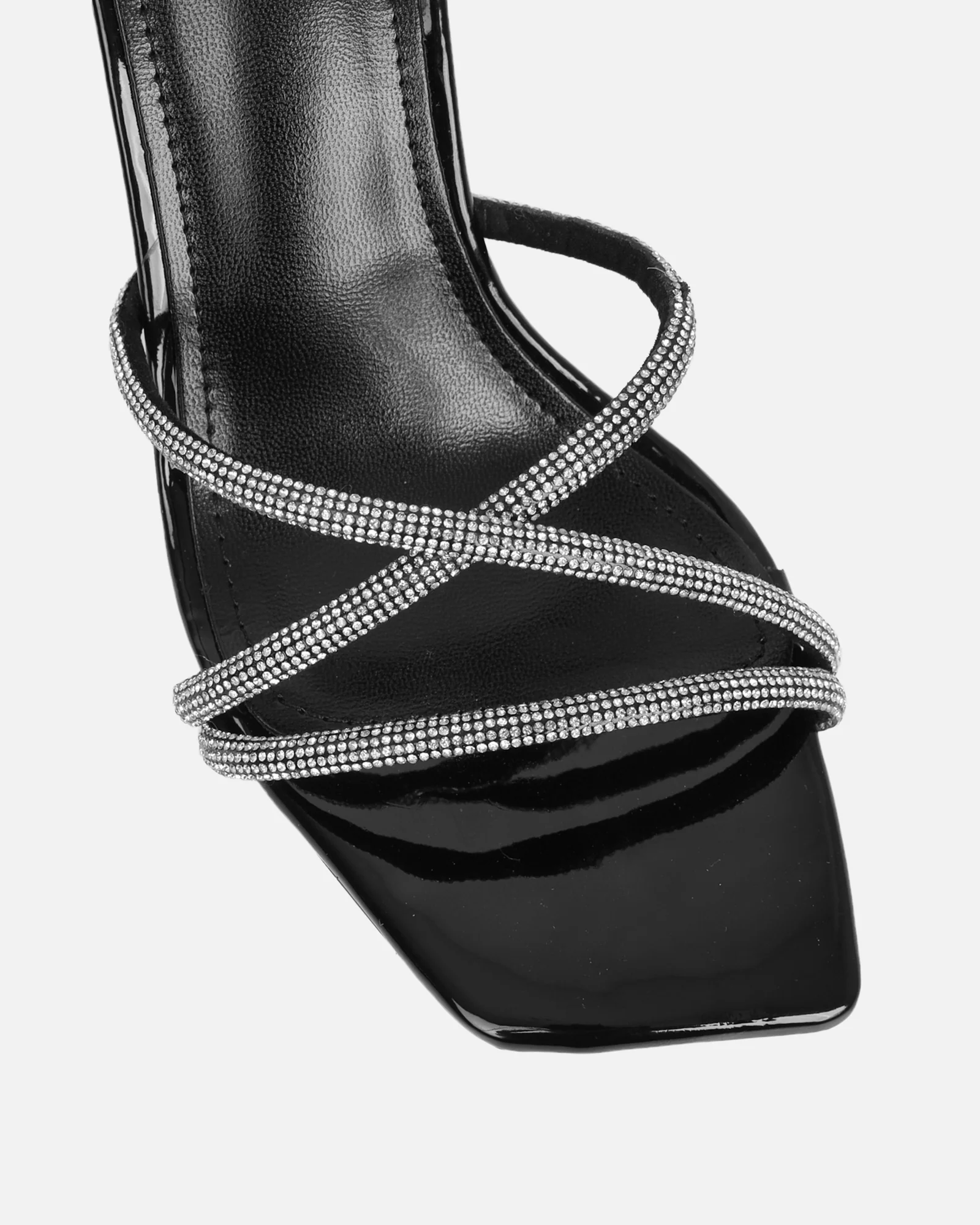 Aubria Black Patent Diamante Mid Heeled Sandals - Image 4