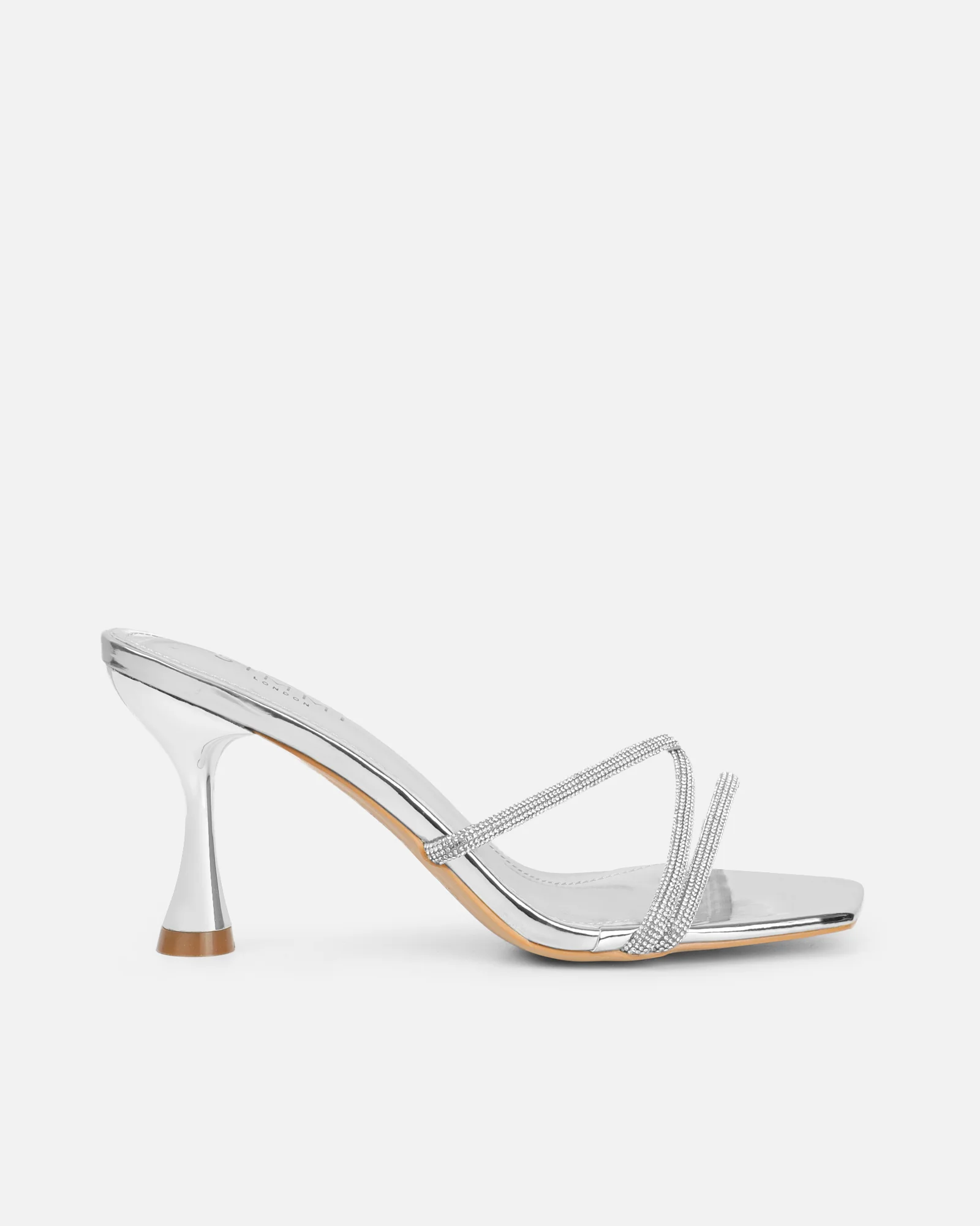 Aubria Silver Mirror Diamante Mid Heeled Sandals - Image 2