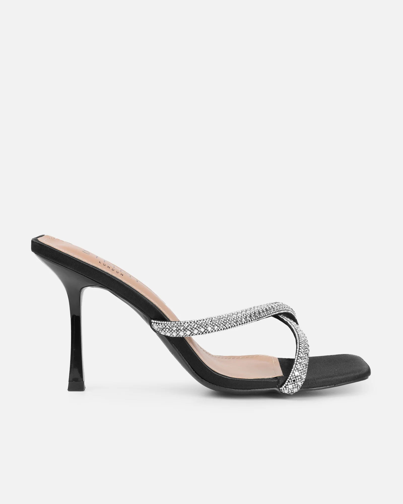 Aubriella Black Satin Diamante Mule Heeled Sandals - Image 2