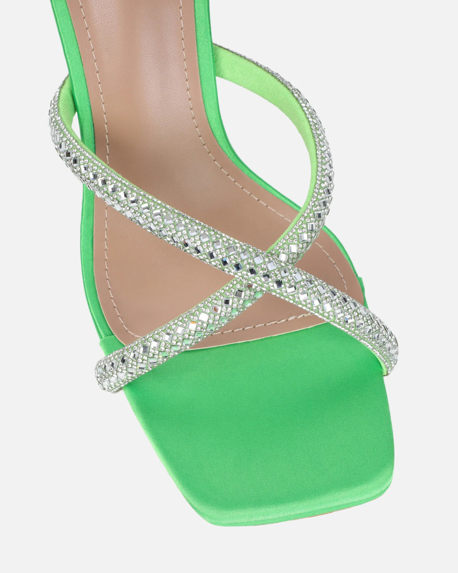 Aubriella Green Satin Diamante Mule Heeled Sandals - Image 4
