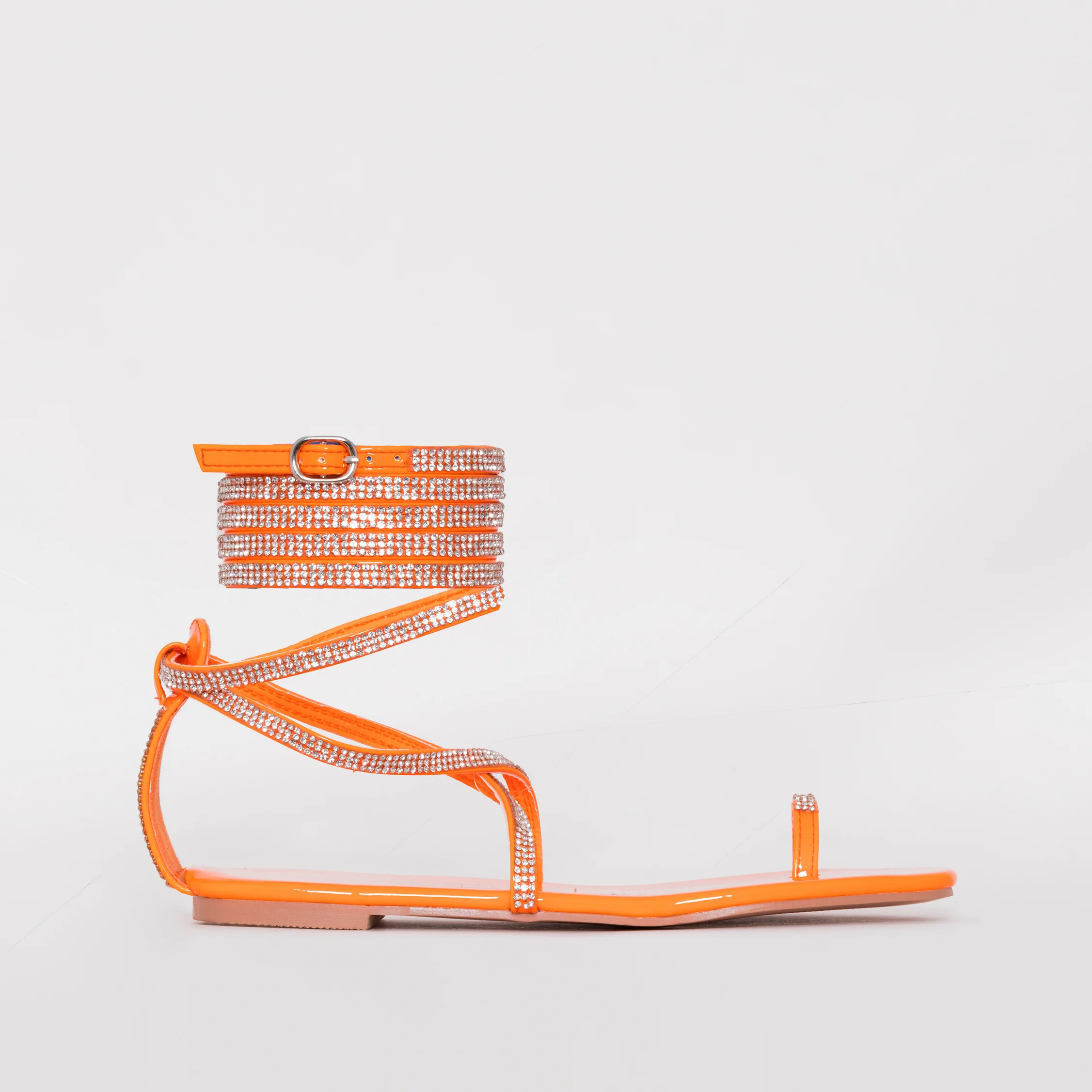 Averie Bright Orange Patent Lace Up Diamante Sandals - Image 2