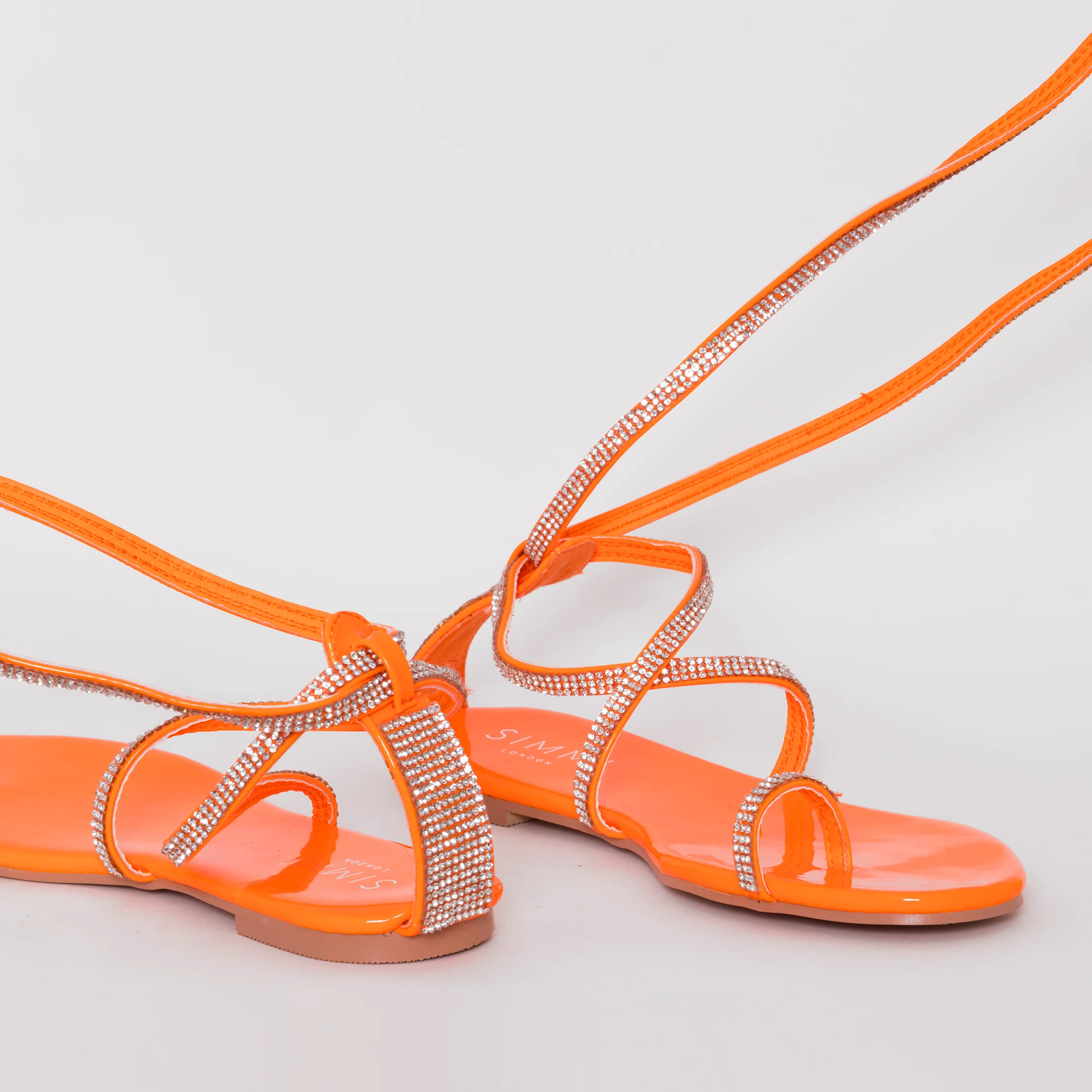 Averie Bright Orange Patent Lace Up Diamante Sandals - Image 5