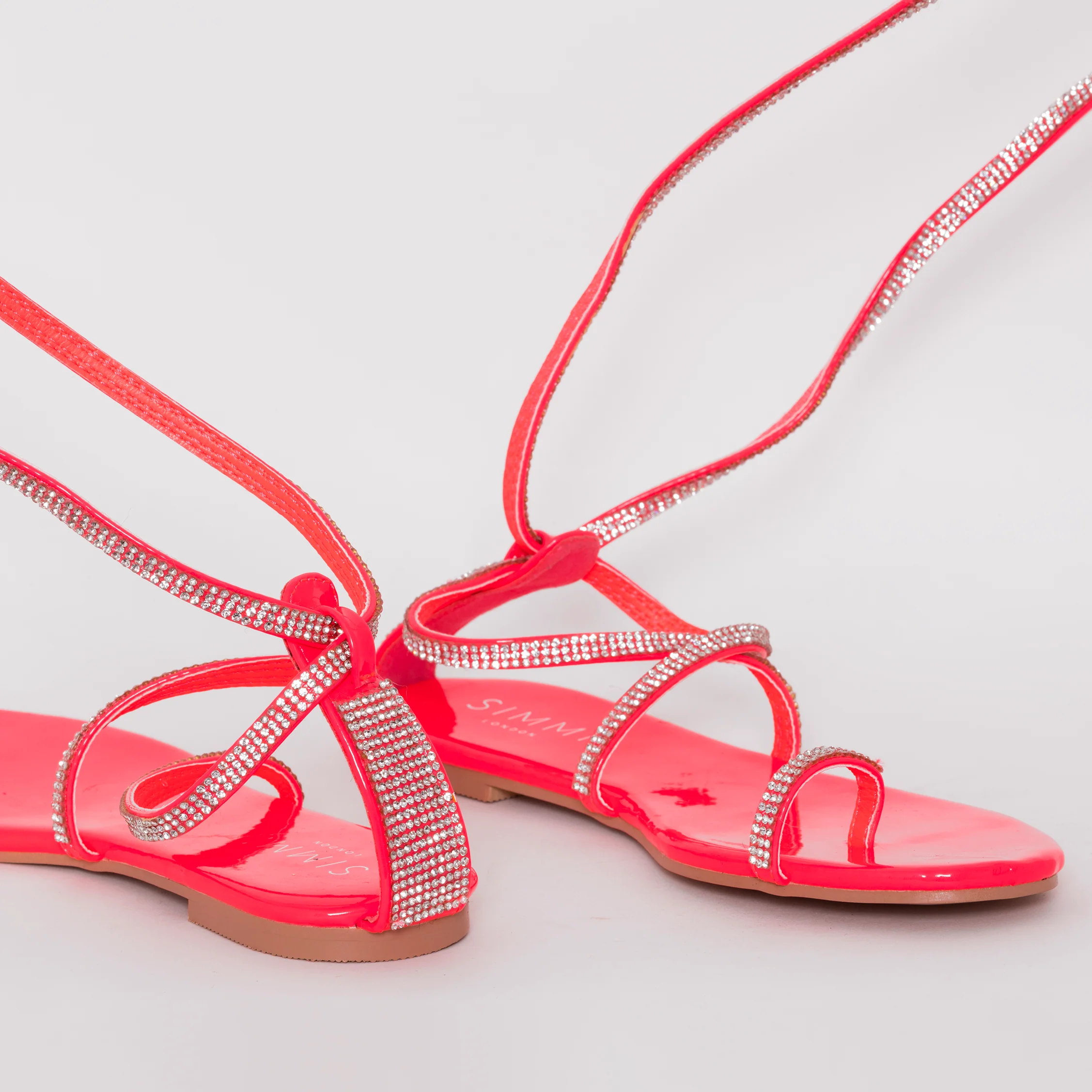 Averie Hot Pink Patent Lace Up Diamante Sandals - Image 3