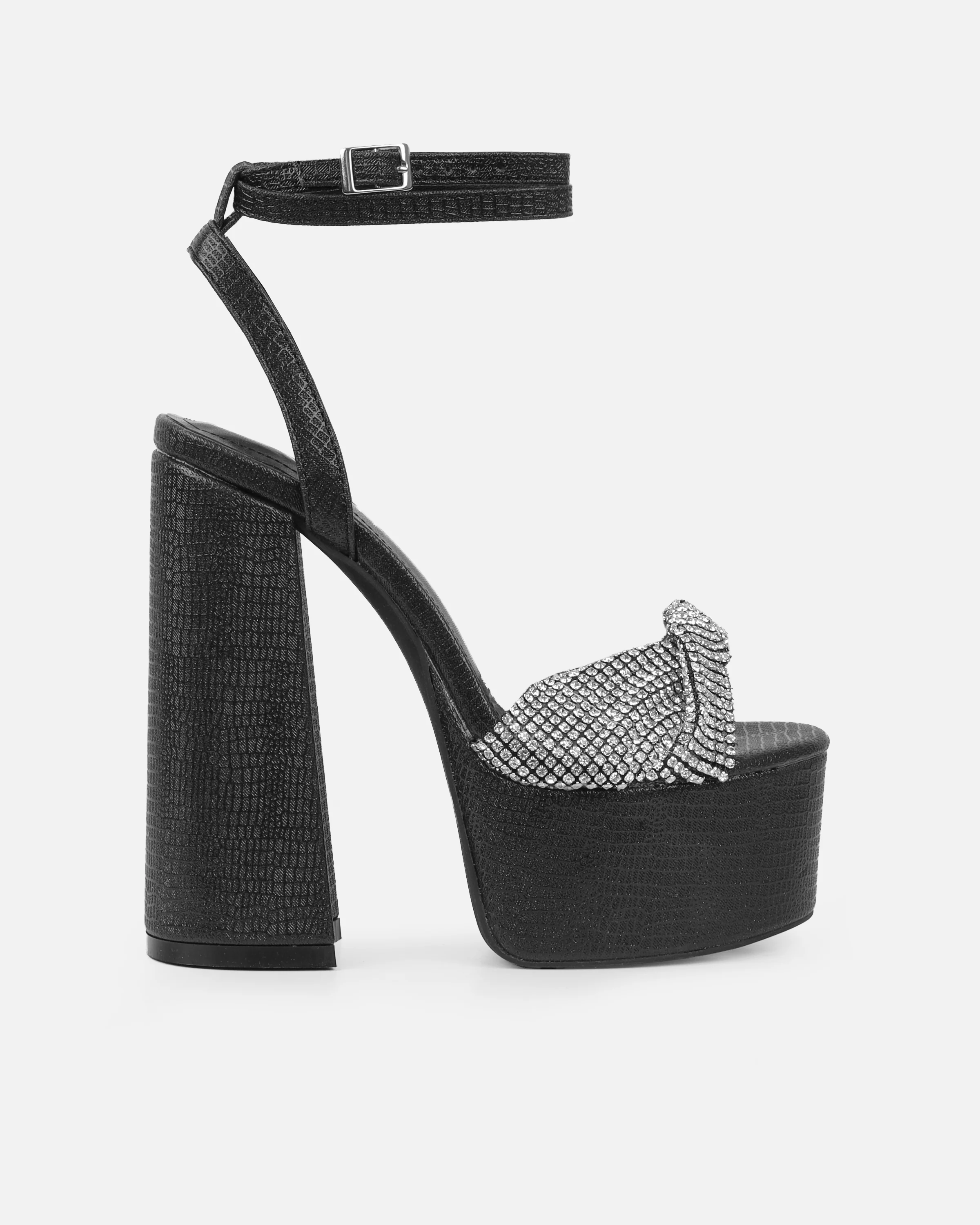 Avery Black Shimmer Diamante Platform Heeled Sandals - Image 2