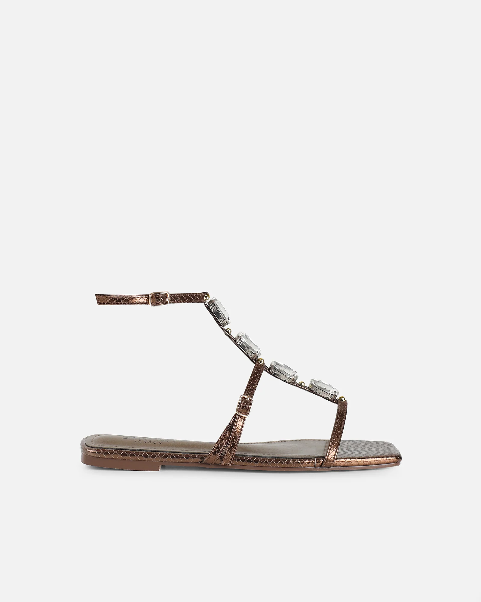 Azura Bronze Snake Embellished Flat Sandals - Image 3