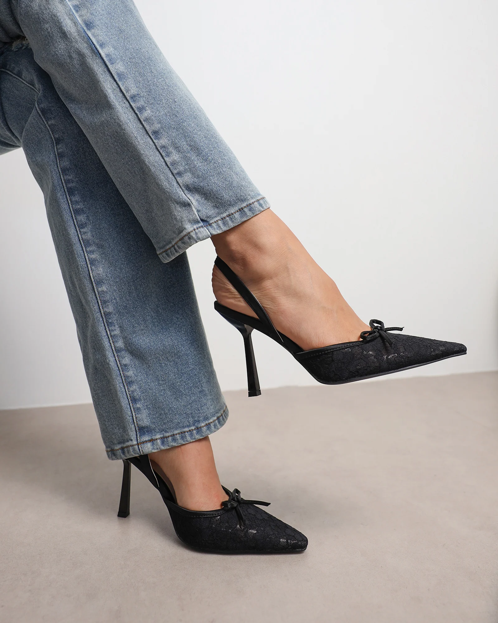 Bebee Black Lace Bow Heeled Sandals - Image 2