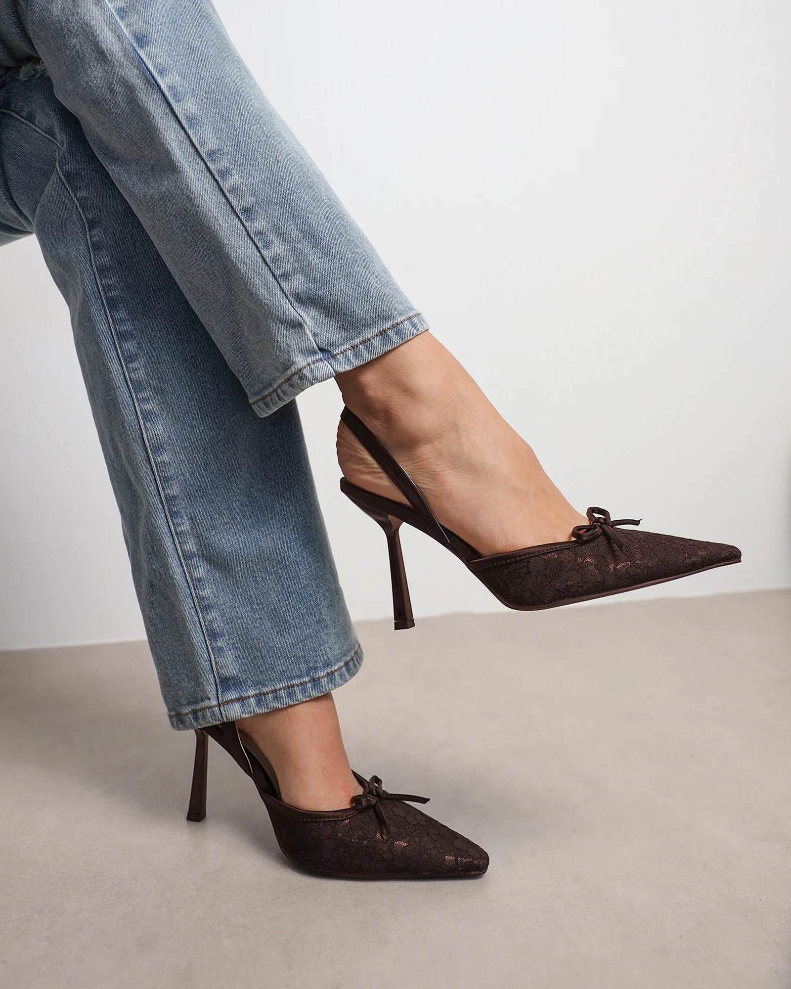 Bebee Brown Lace Bow Heeled Sandals - Image 2
